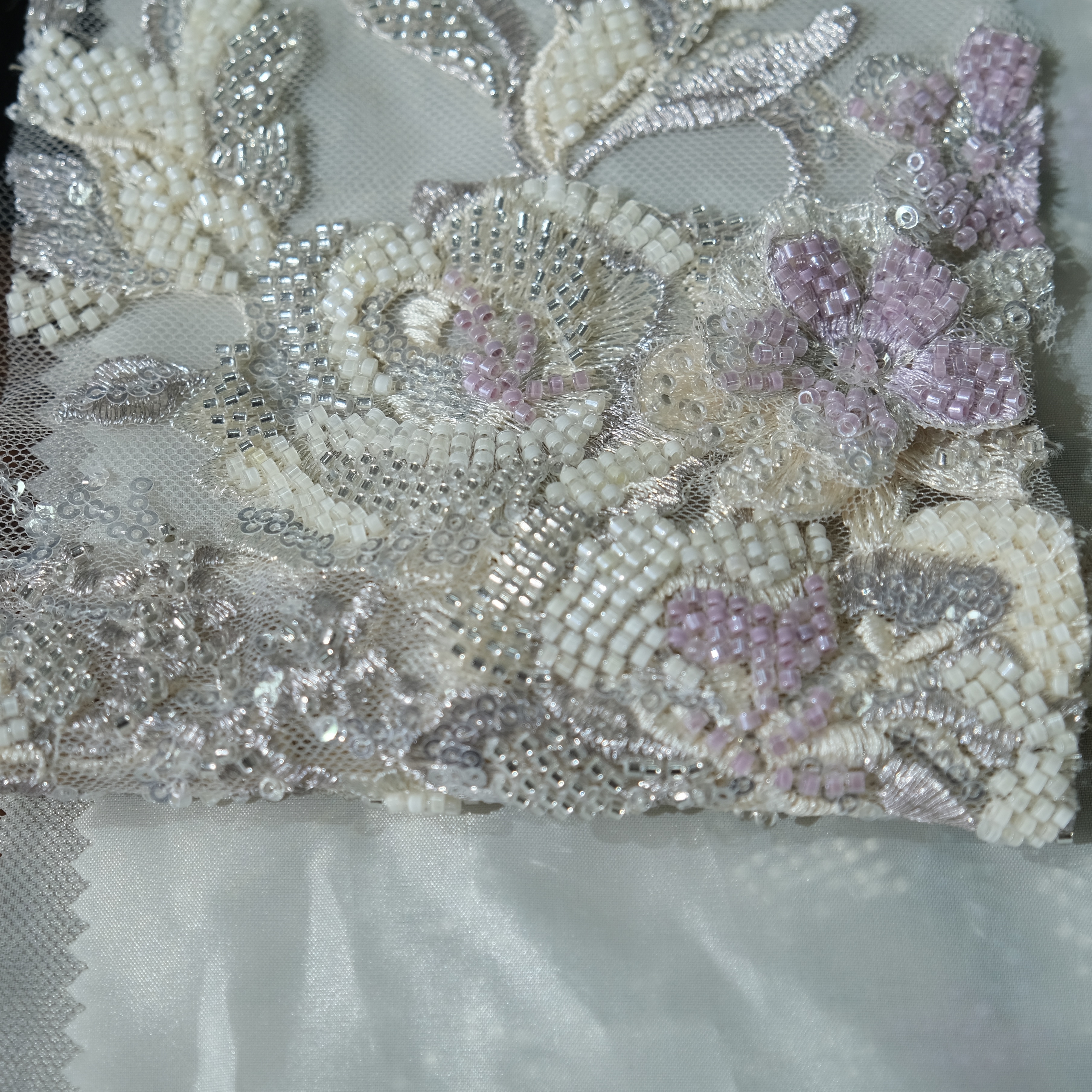Bouquet Embroidery Fabric in PurpleSilver color