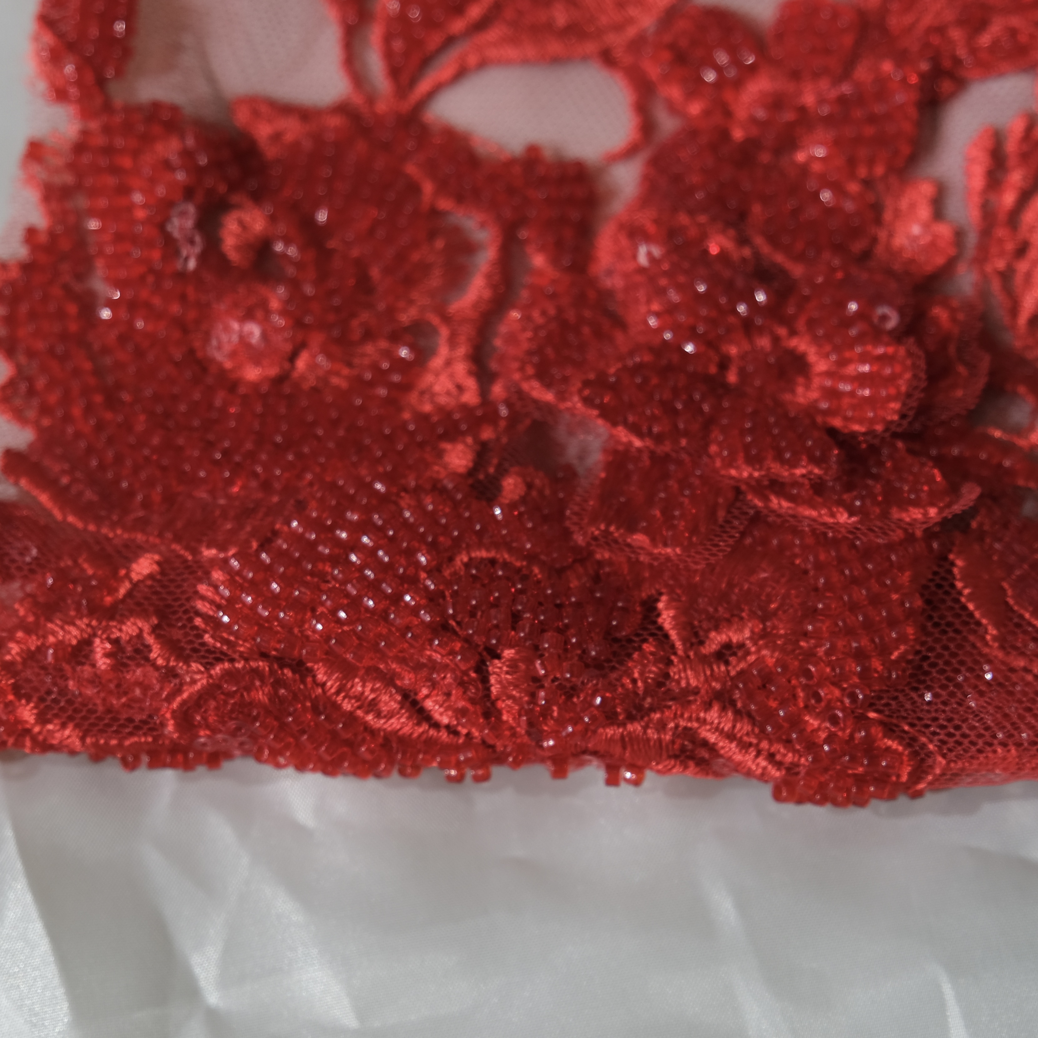 Bouquet Embroidery Fabric in Red color
