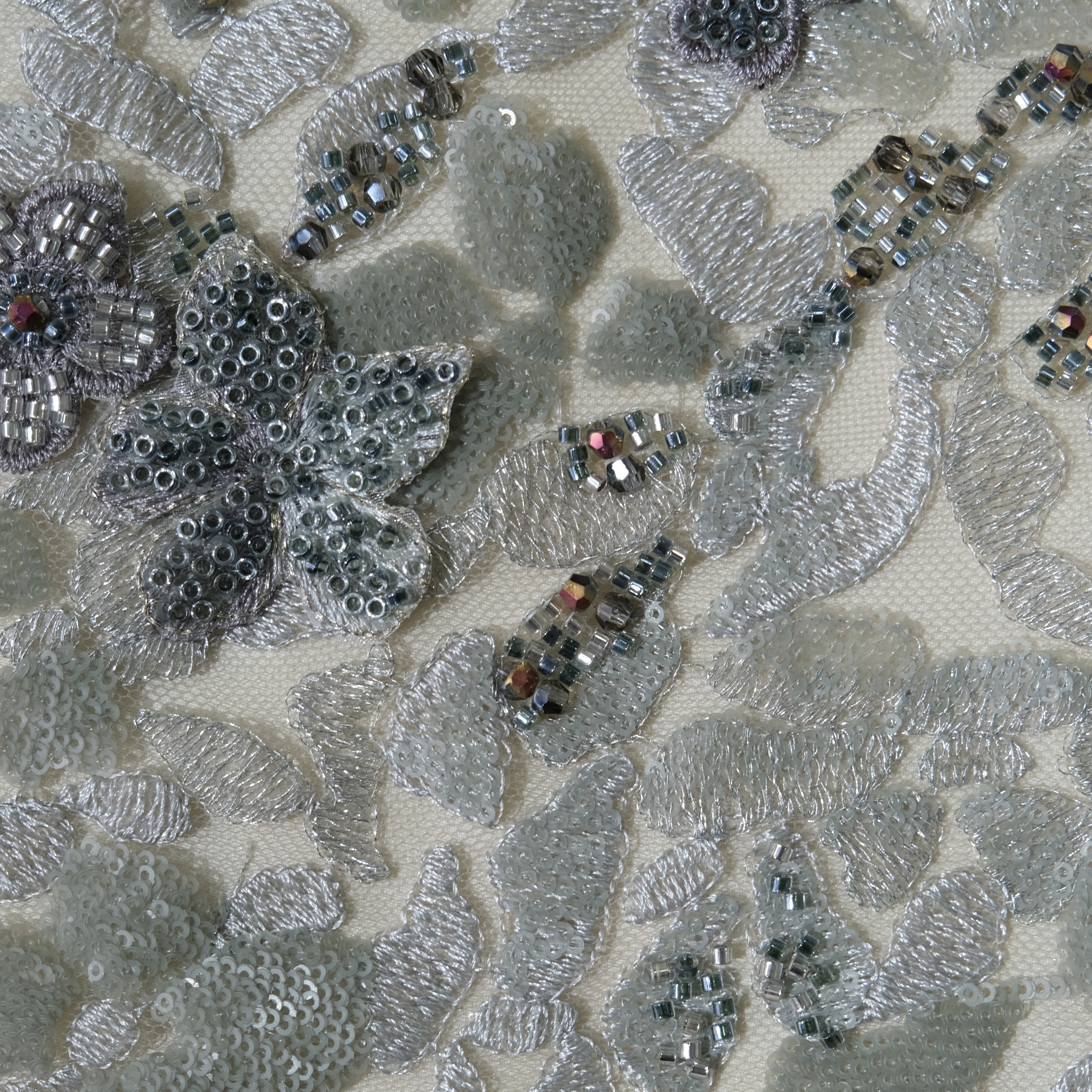 Crystal Floral Cluster Embroidery Fabric in SilverGray color