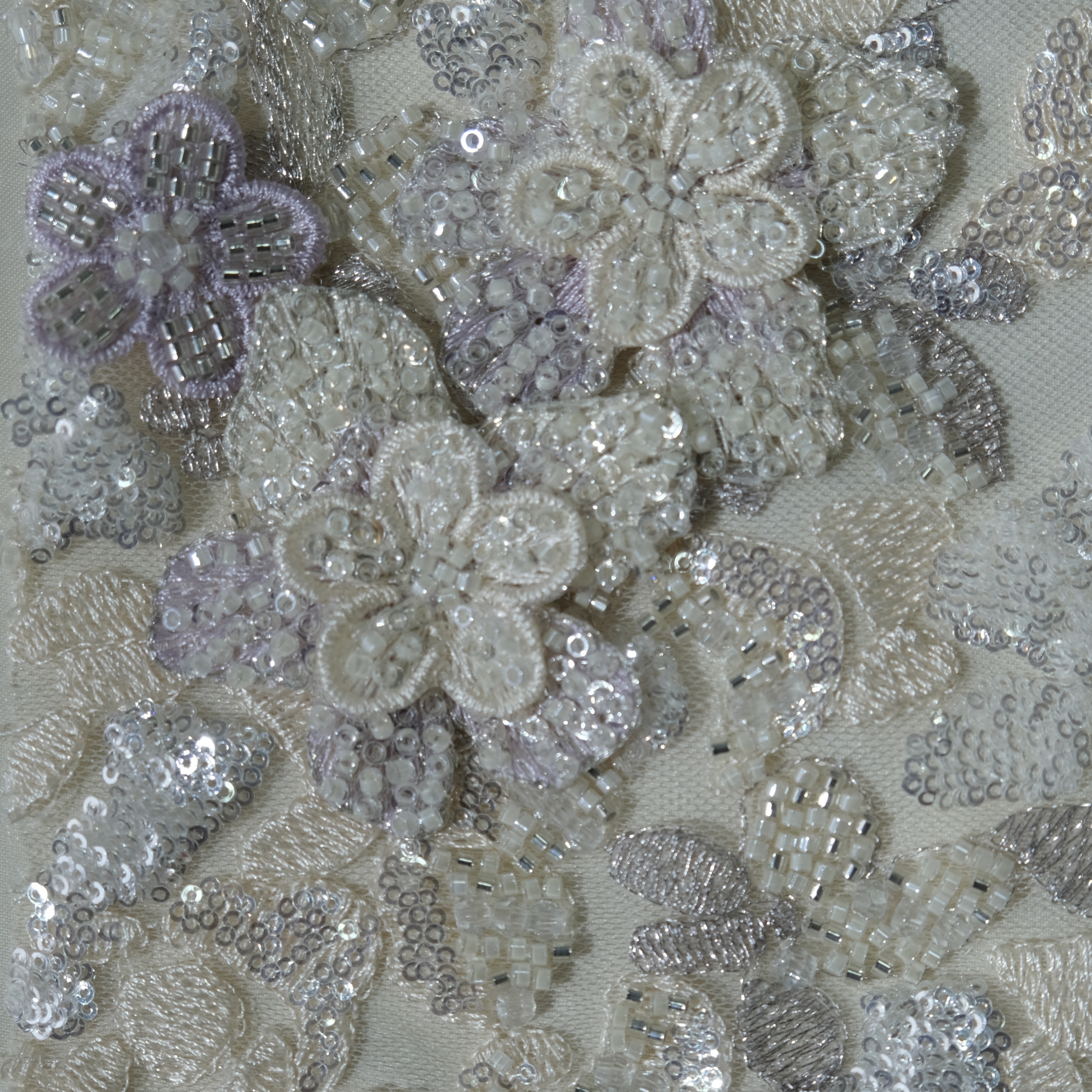 Crystal Floral Cluster Embroidery Fabric in PurpleSilver color