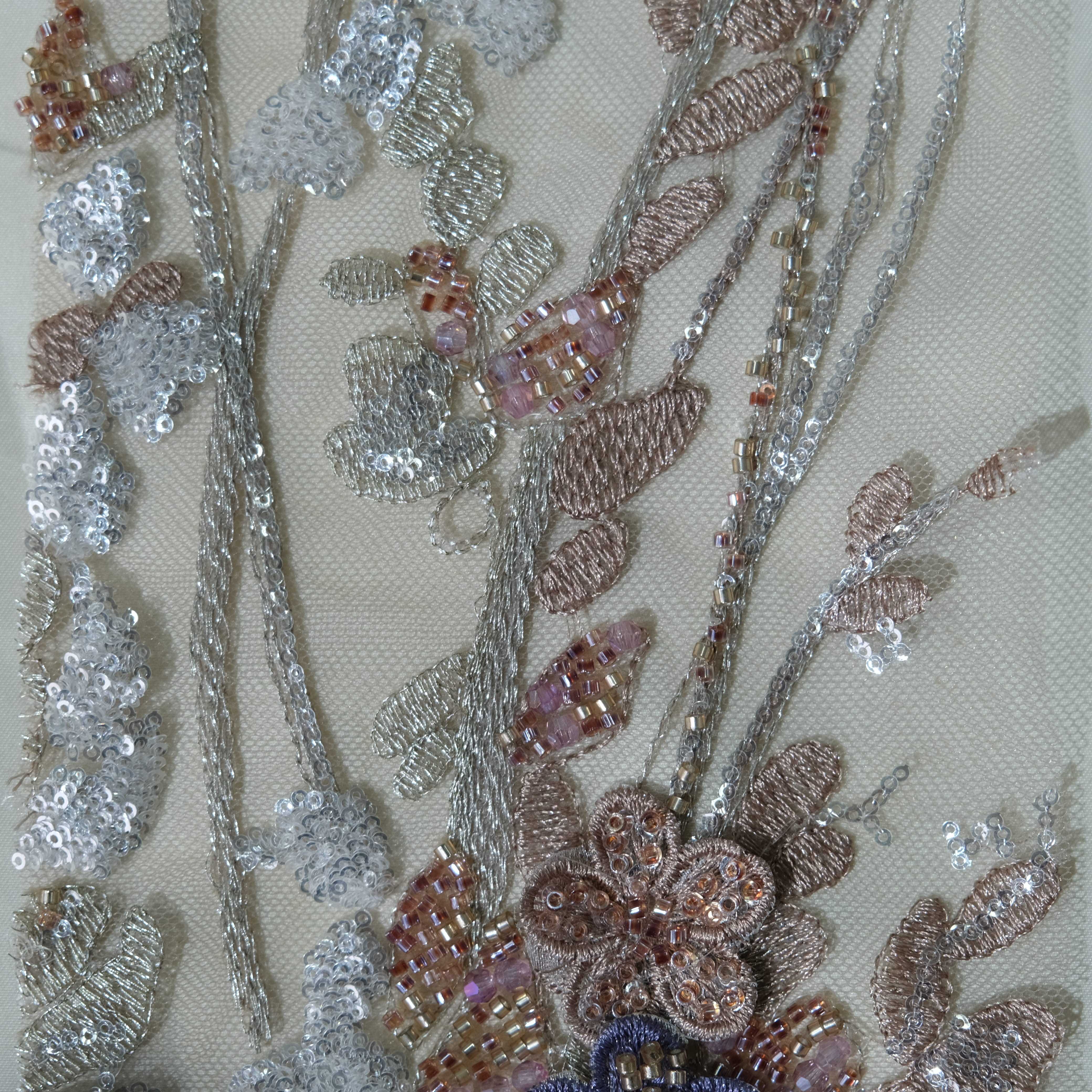 Crystal Floral Cluster Embroidery Fabric in SilverPink color