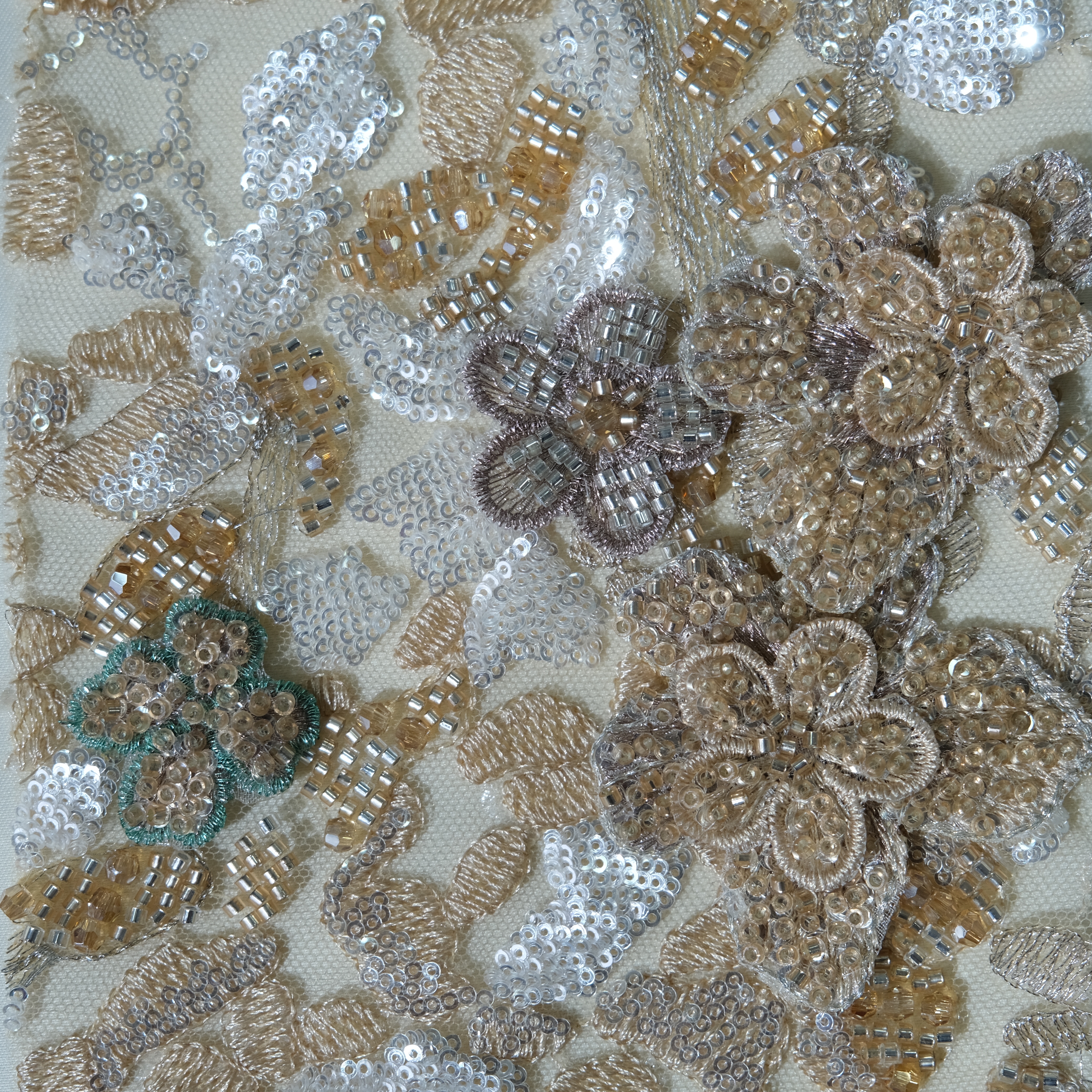 Crystal Floral Cluster Embroidery Fabric in GoldenBrown color