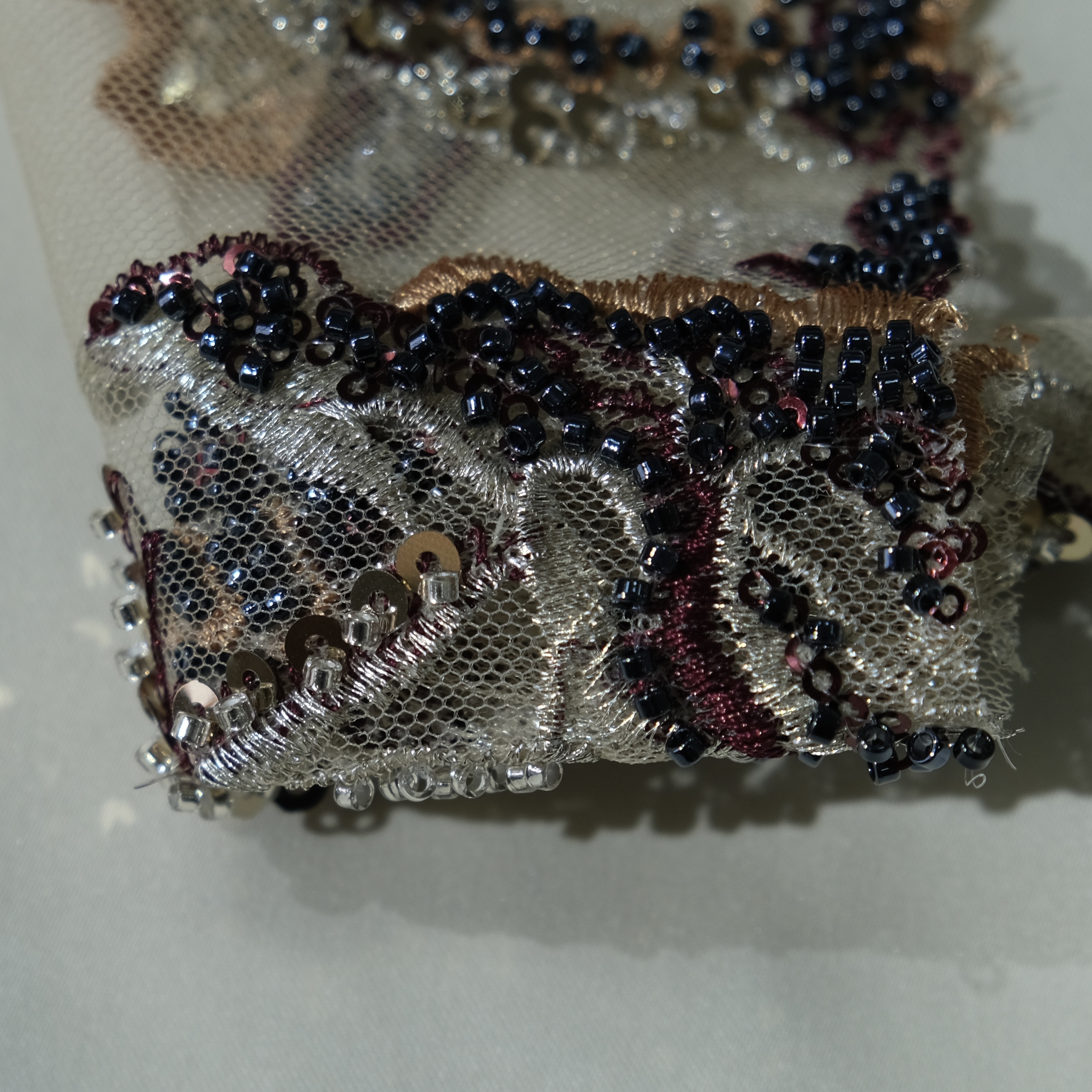Floral Vine Beaded Embroidery Fabric in BeigeBlue color
