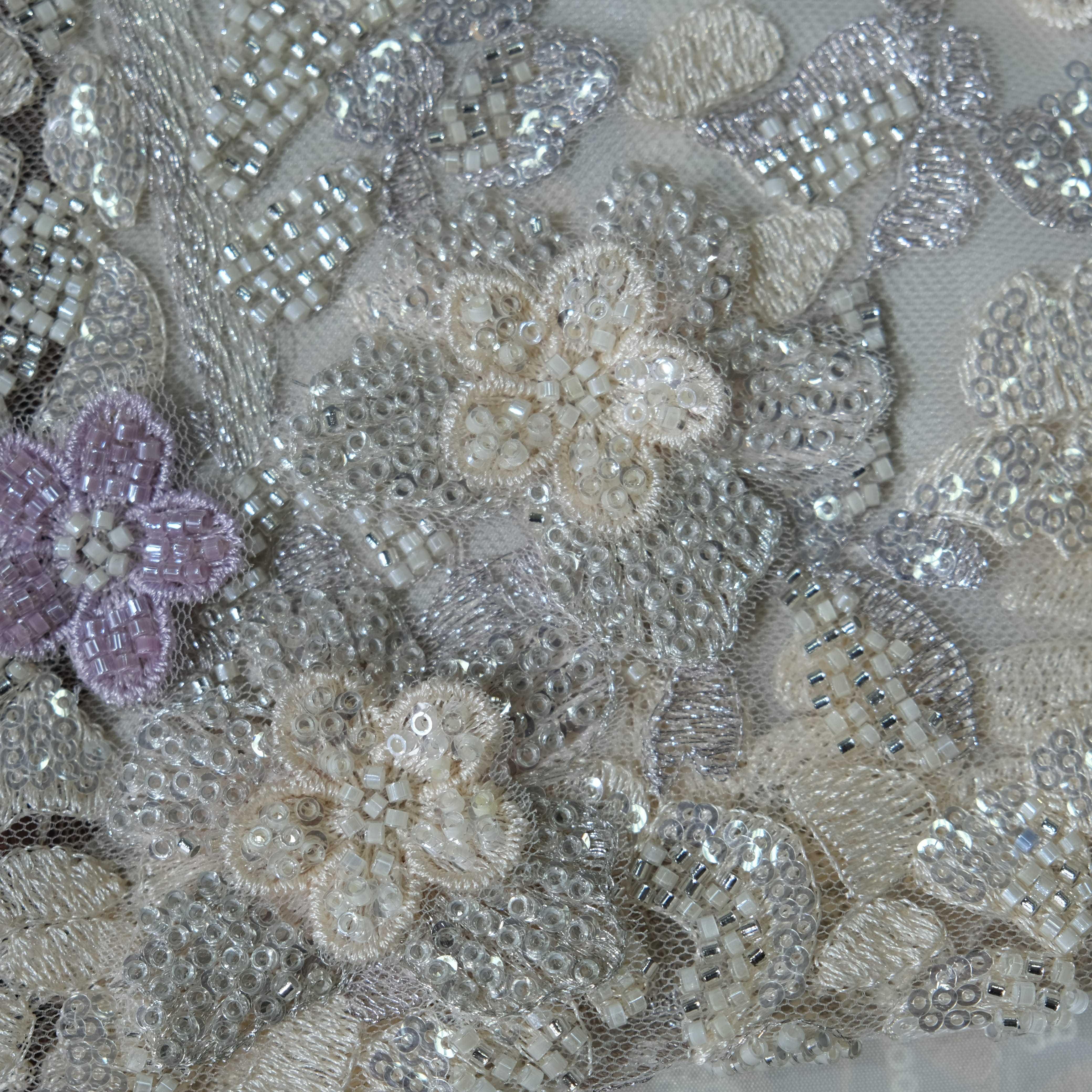Floral Cluster Embroidery Fabric in PurpleSilver color