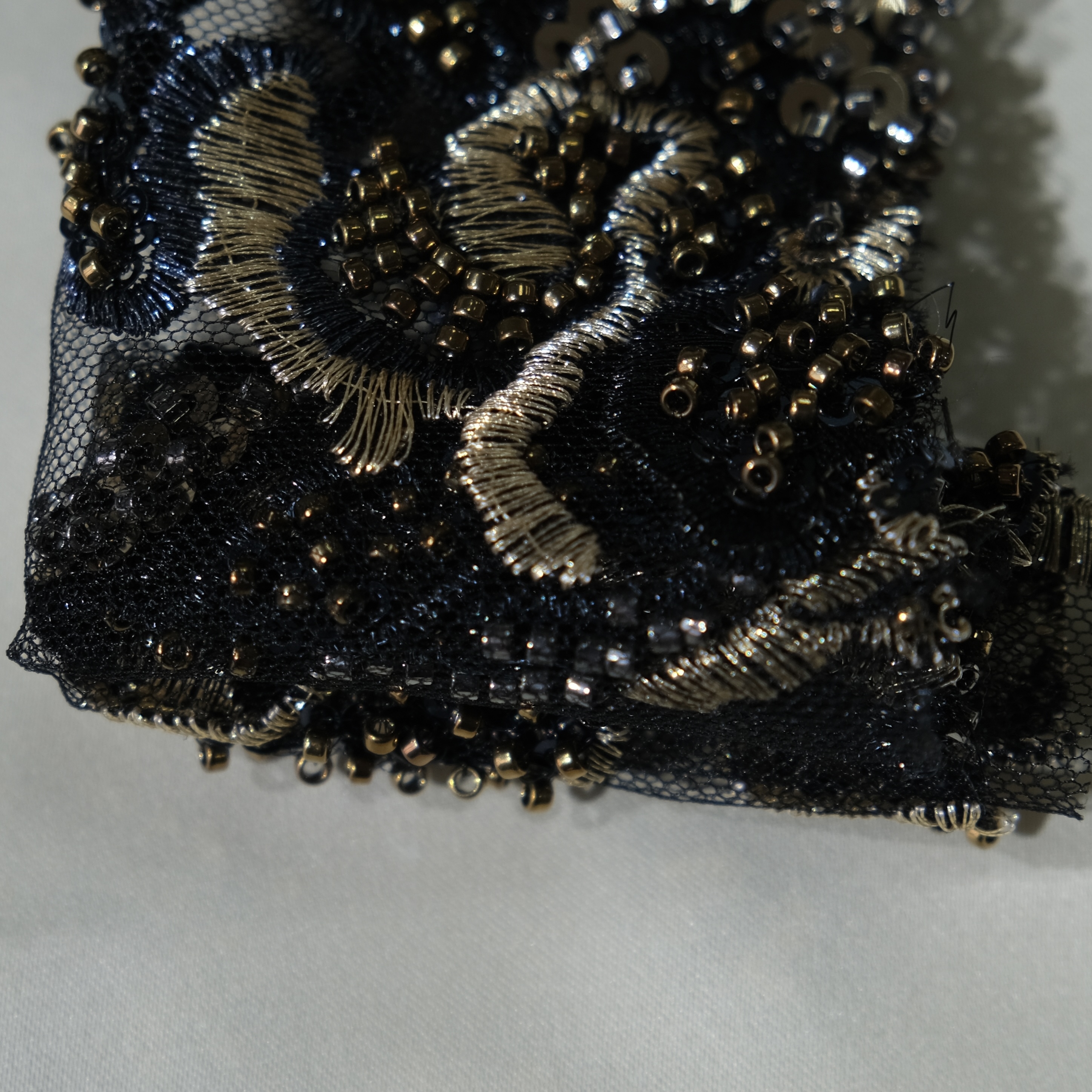 Floral Vine Beaded Embroidery Fabric in NavyGolden color