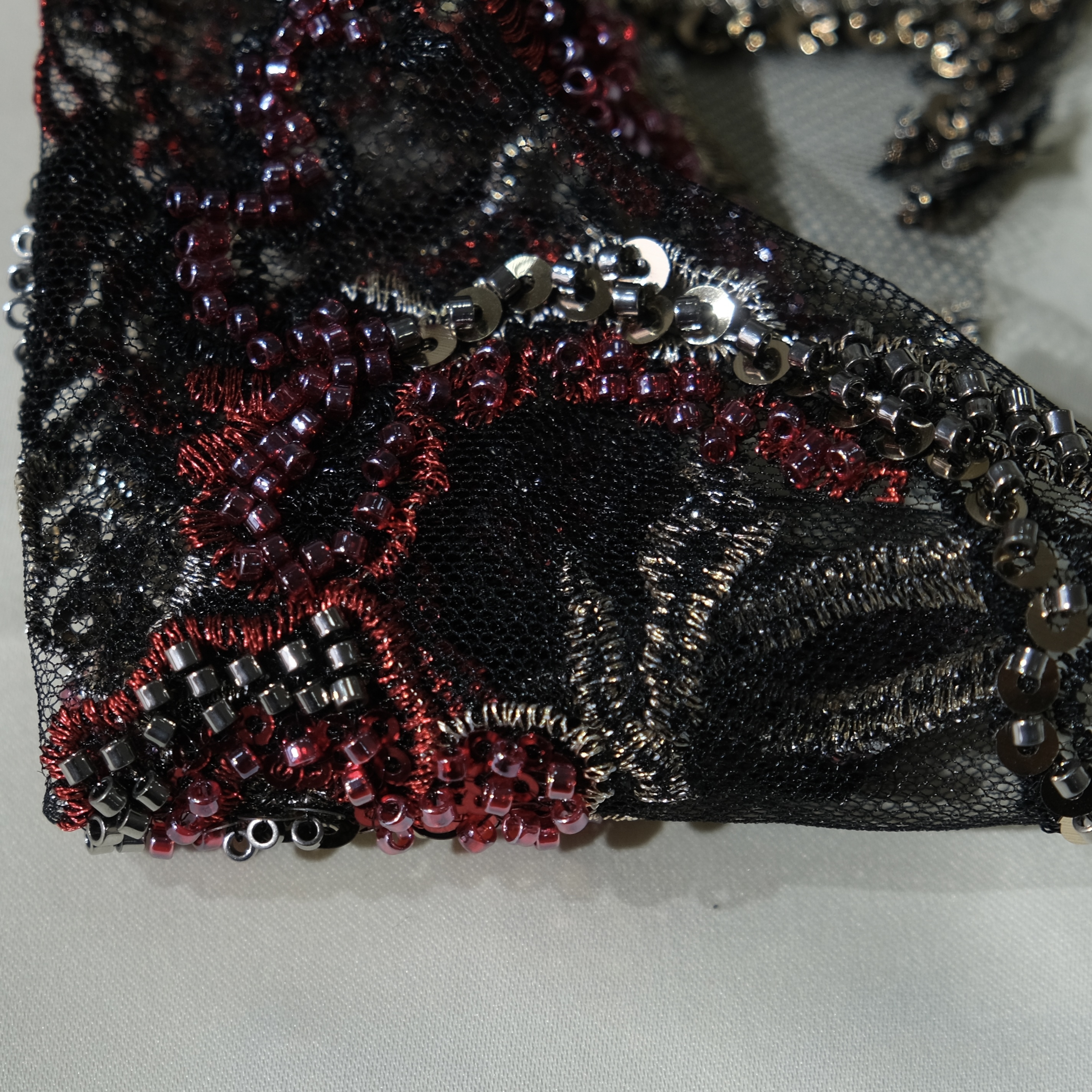 Floral Vine Beaded Embroidery Fabric in RedGolden color