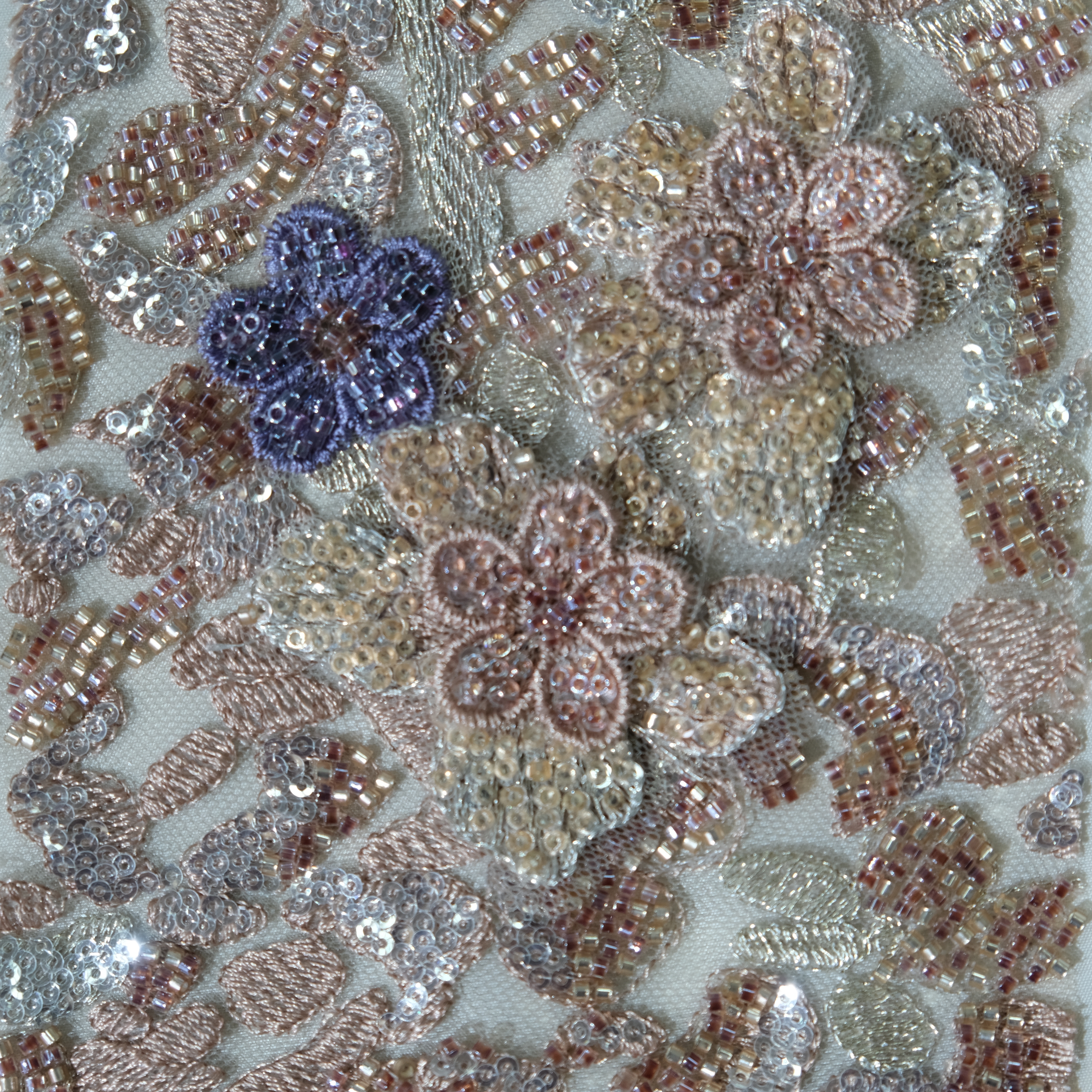 Floral Cluster Embroidery Fabric in SilverPink color