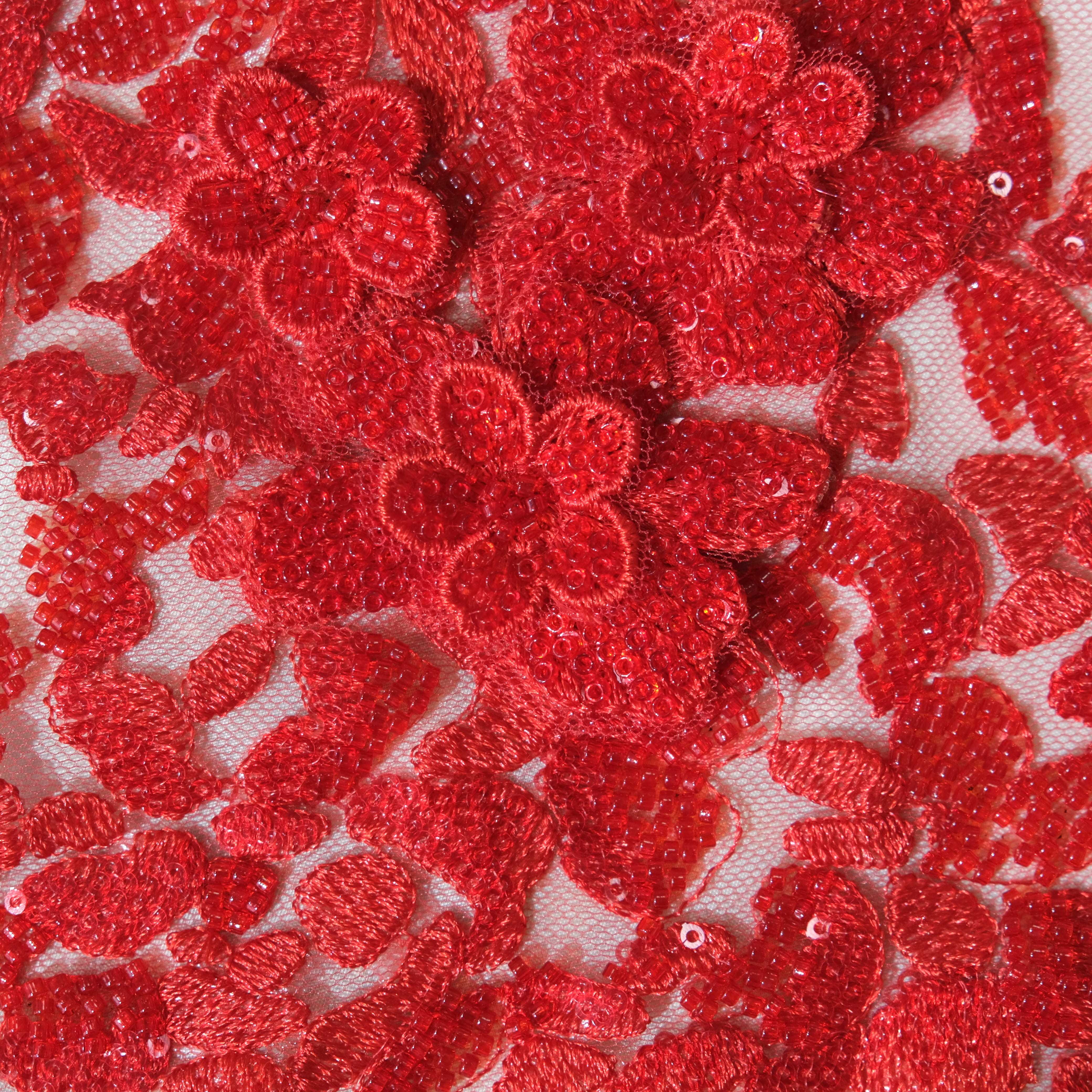 Floral Cluster Embroidery Fabric in Red color