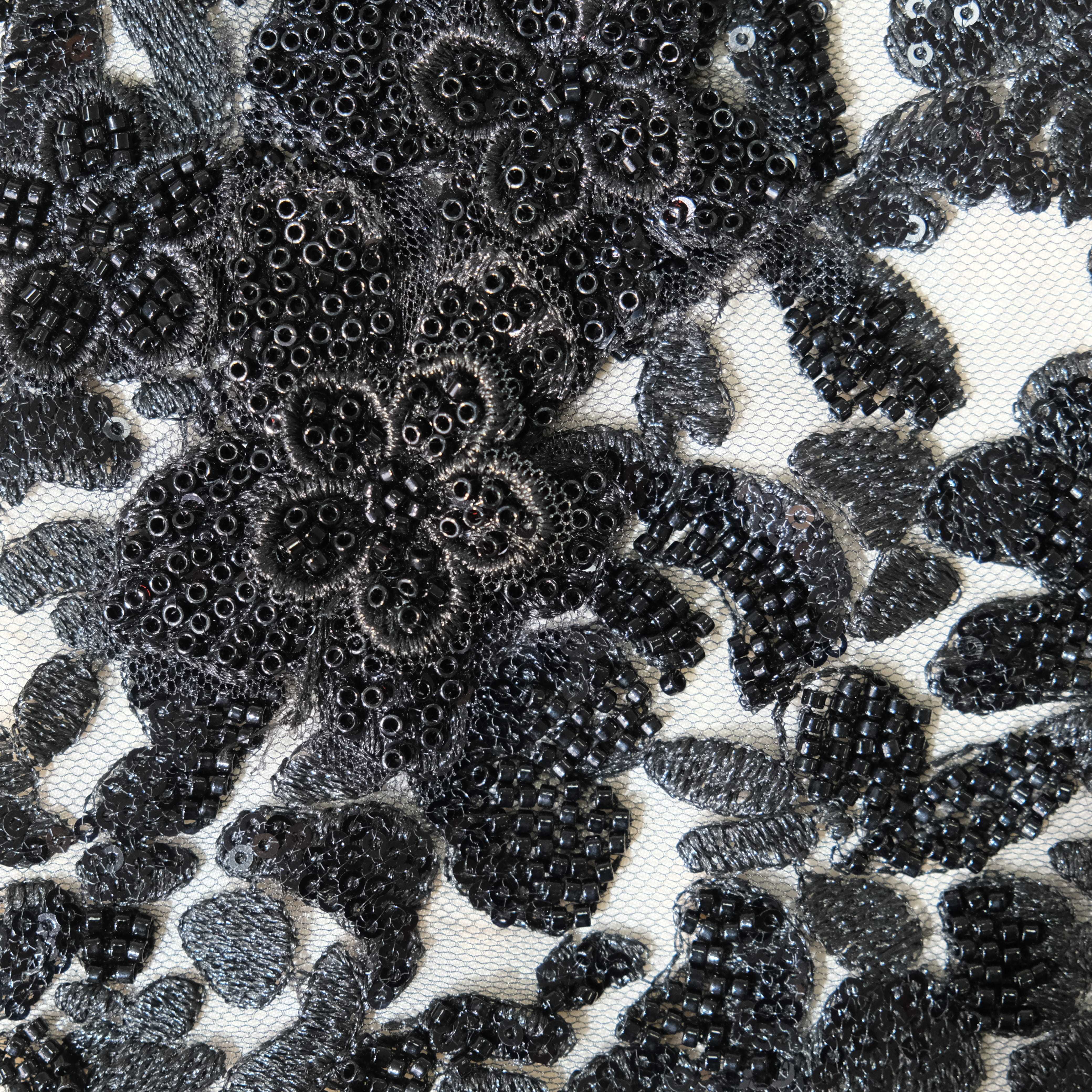 Floral Cluster Embroidery Fabric in Black color