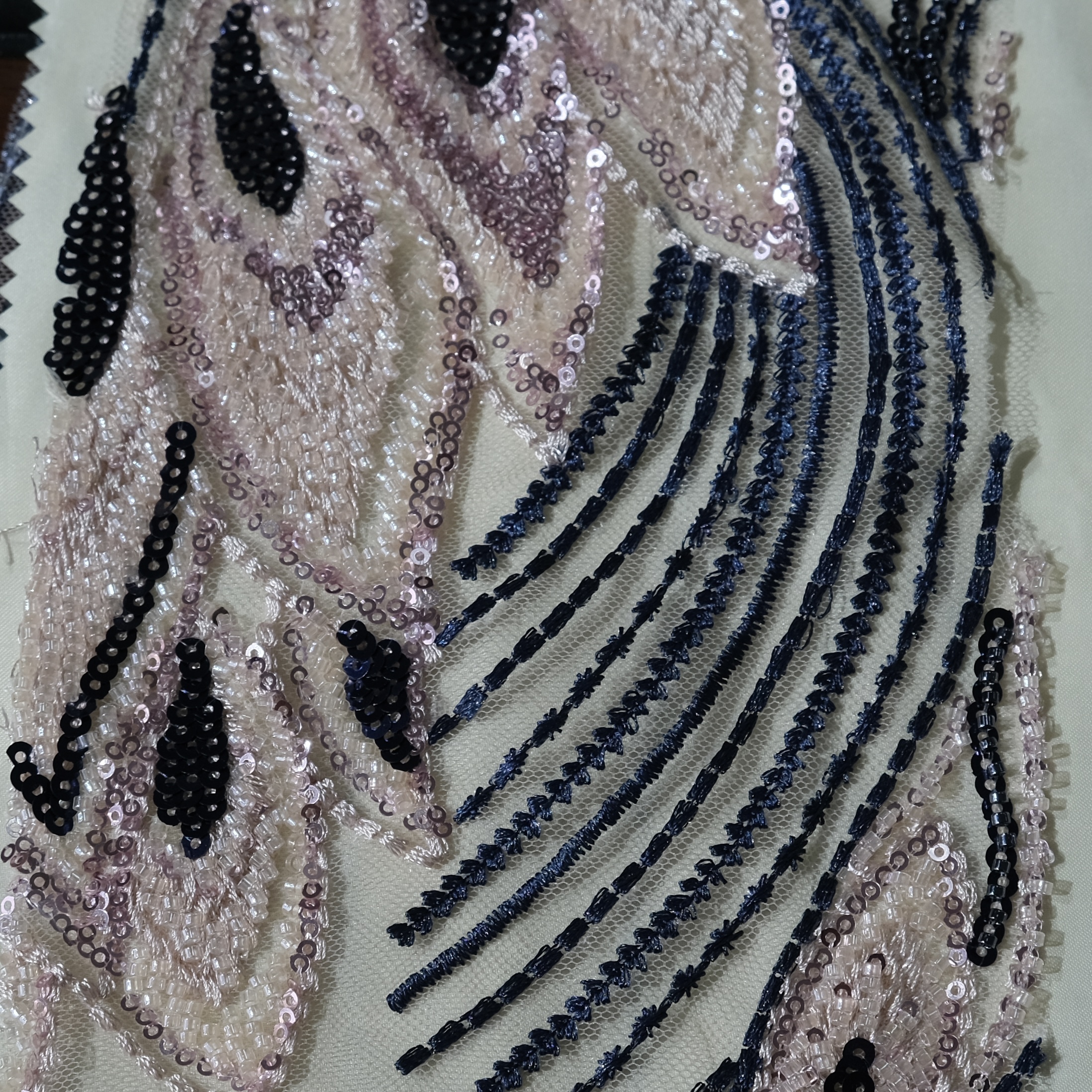 Peacock Feather Embroidery Fabric in NavyPink color