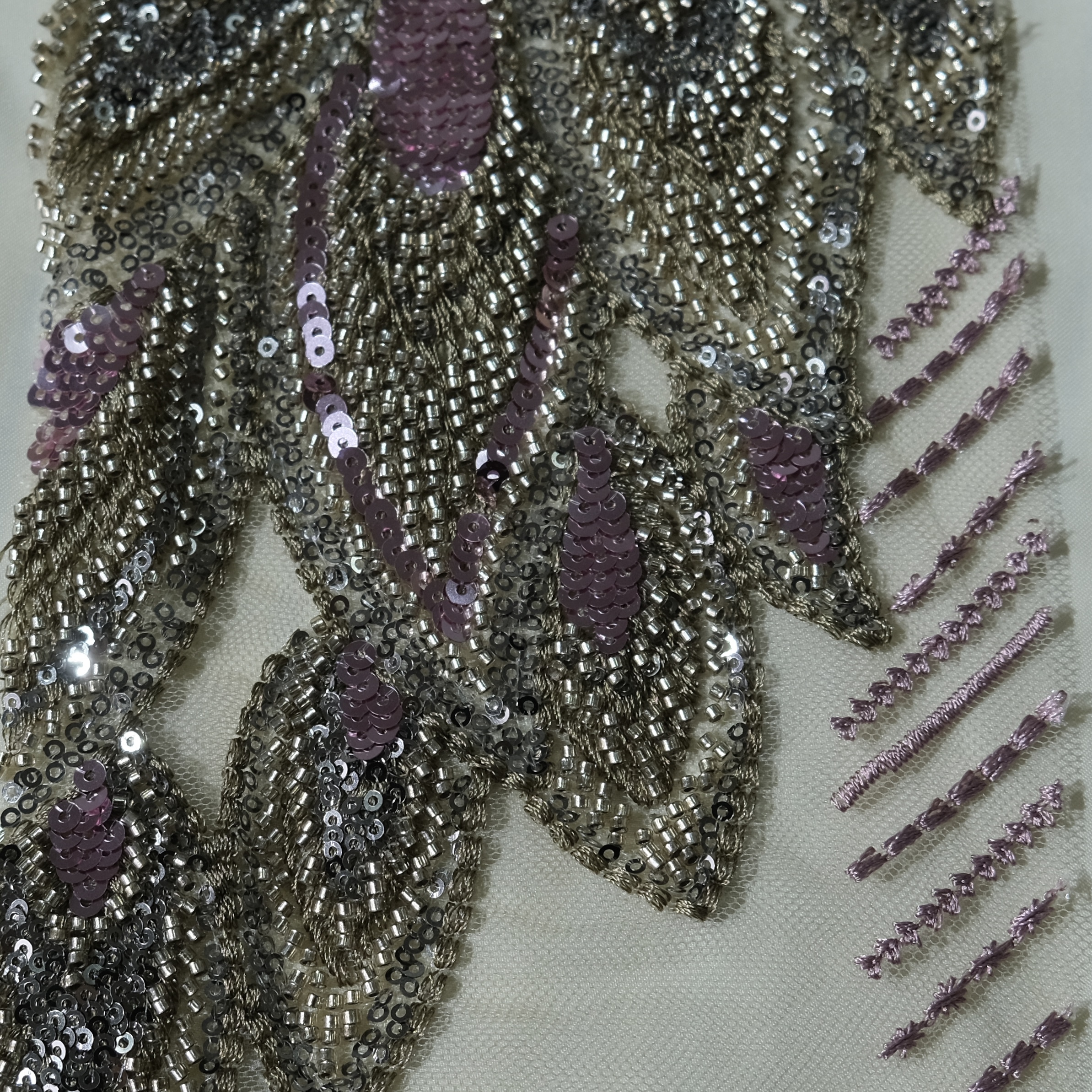 Peacock Feather Embroidery Fabric PinkGreen color