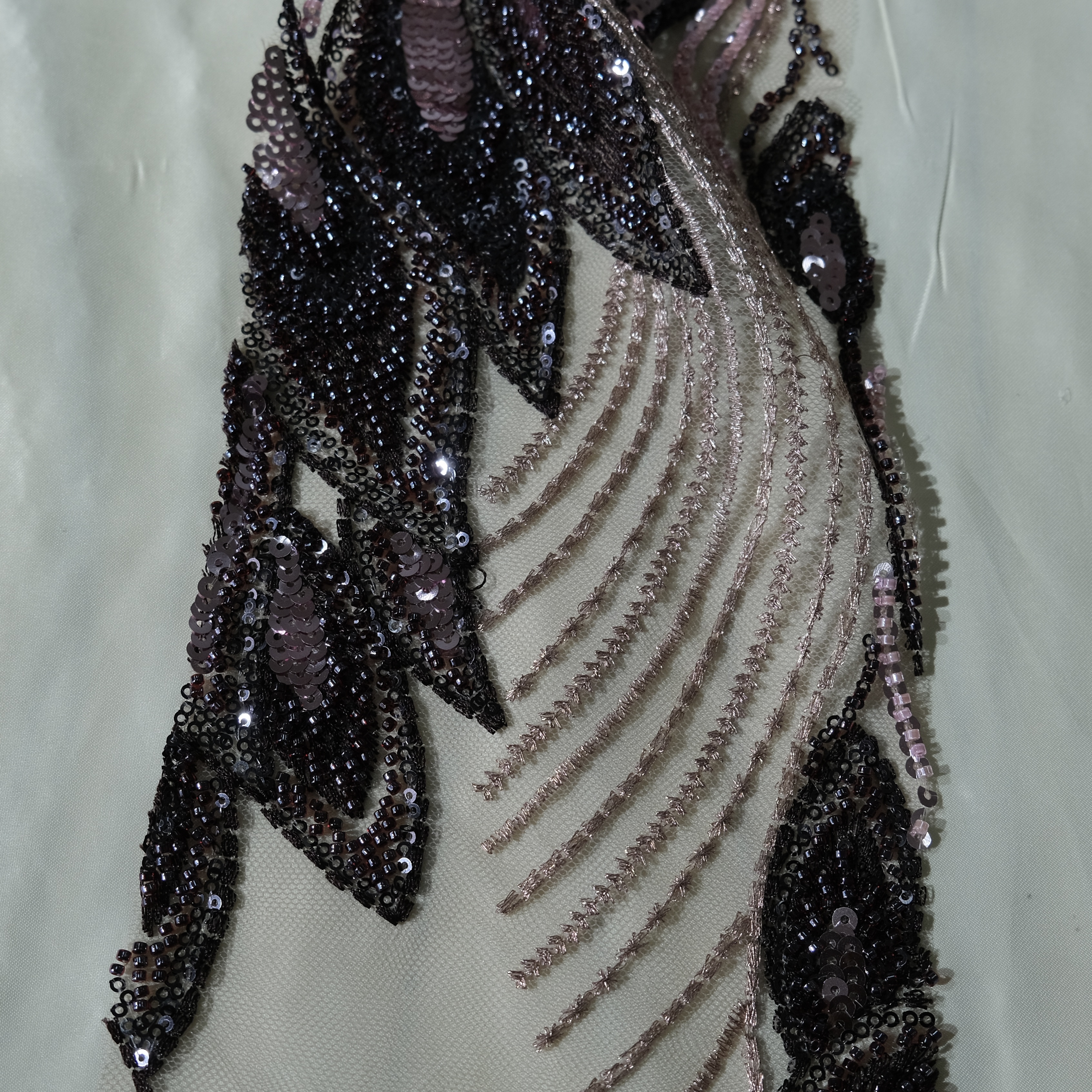 Peacock Feather Embroidery Fabric PinkPurple color