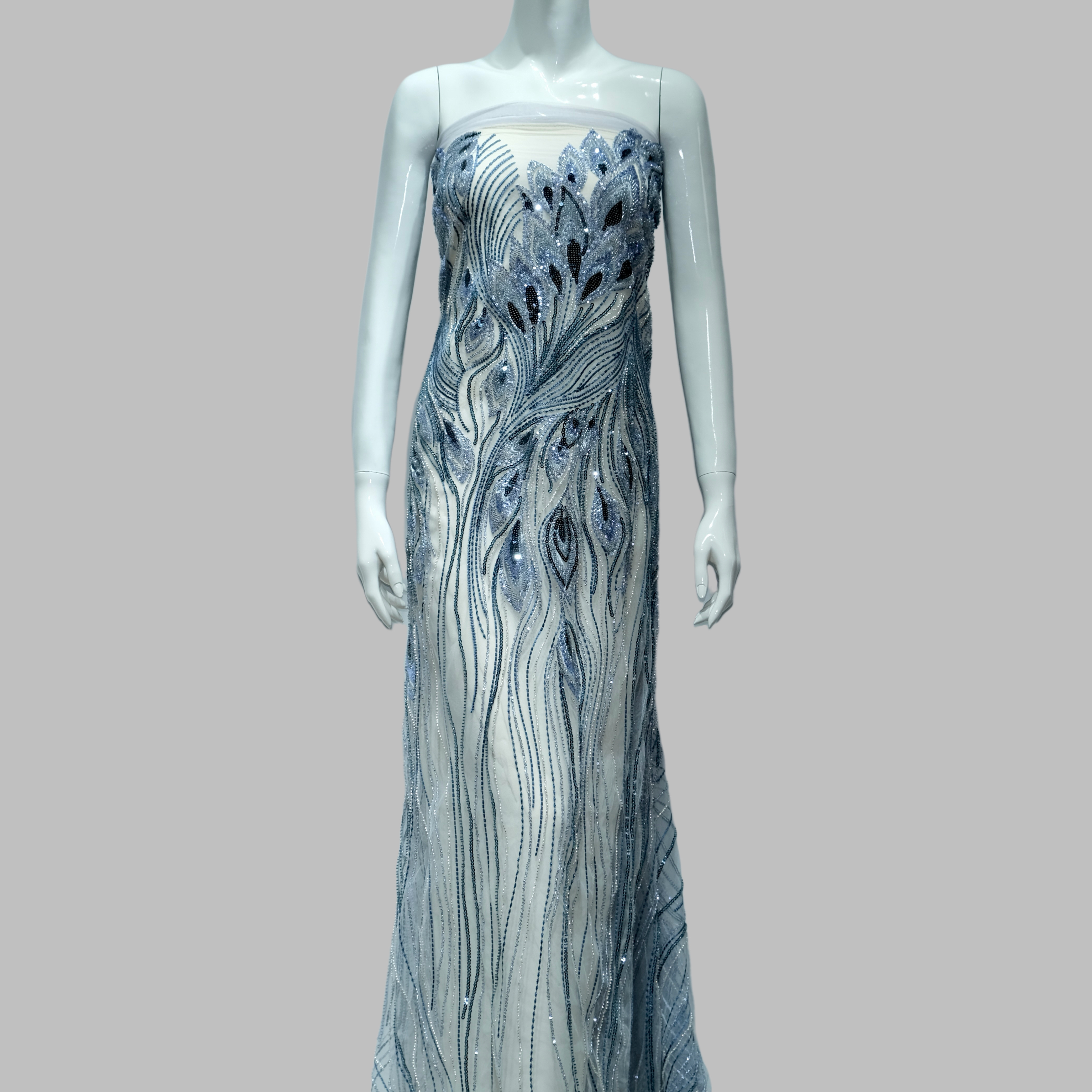 Peacock Feather Embroidery Fabric for luxury gown design
