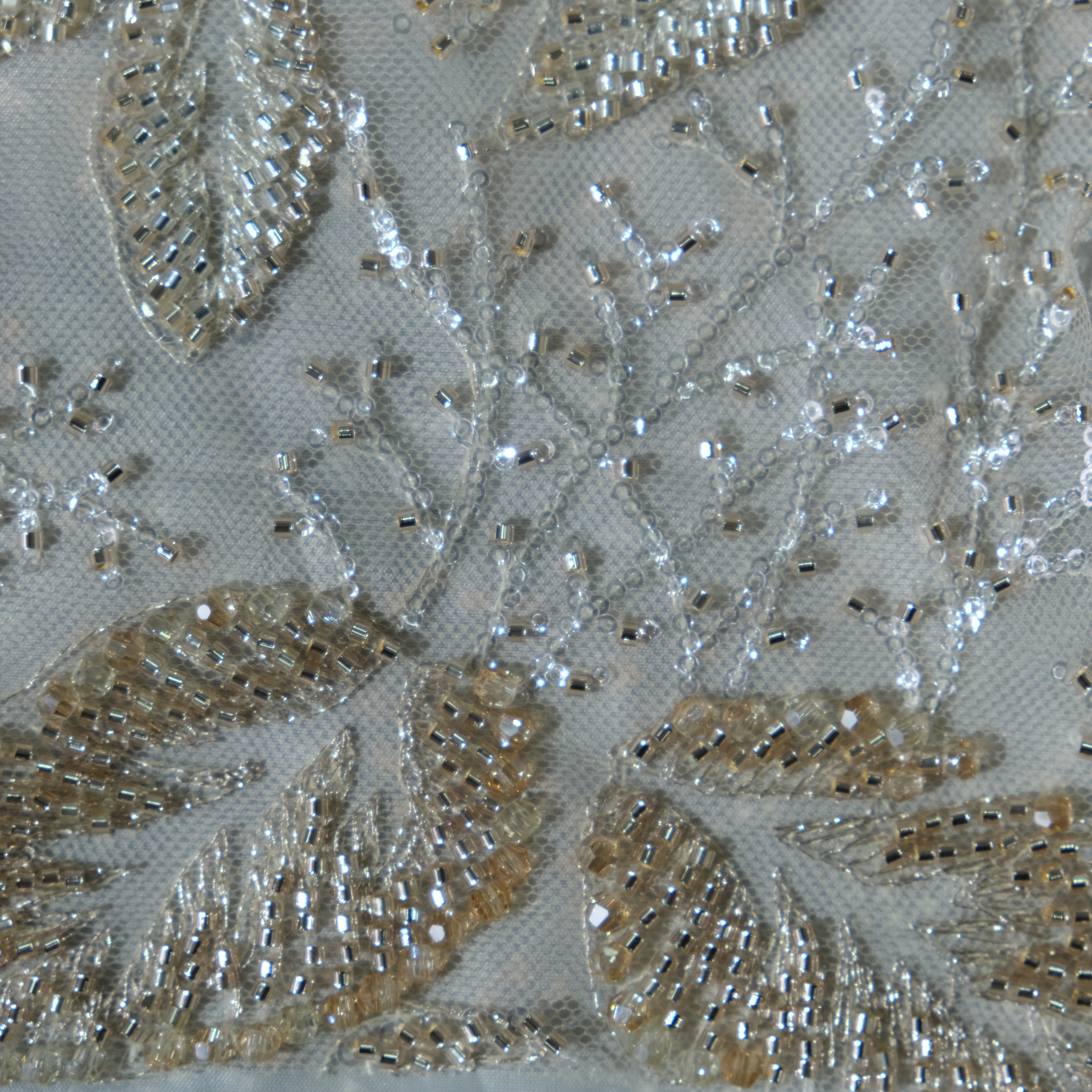 Leaf Pattern Beaded Embroidery Fabric in Golden color