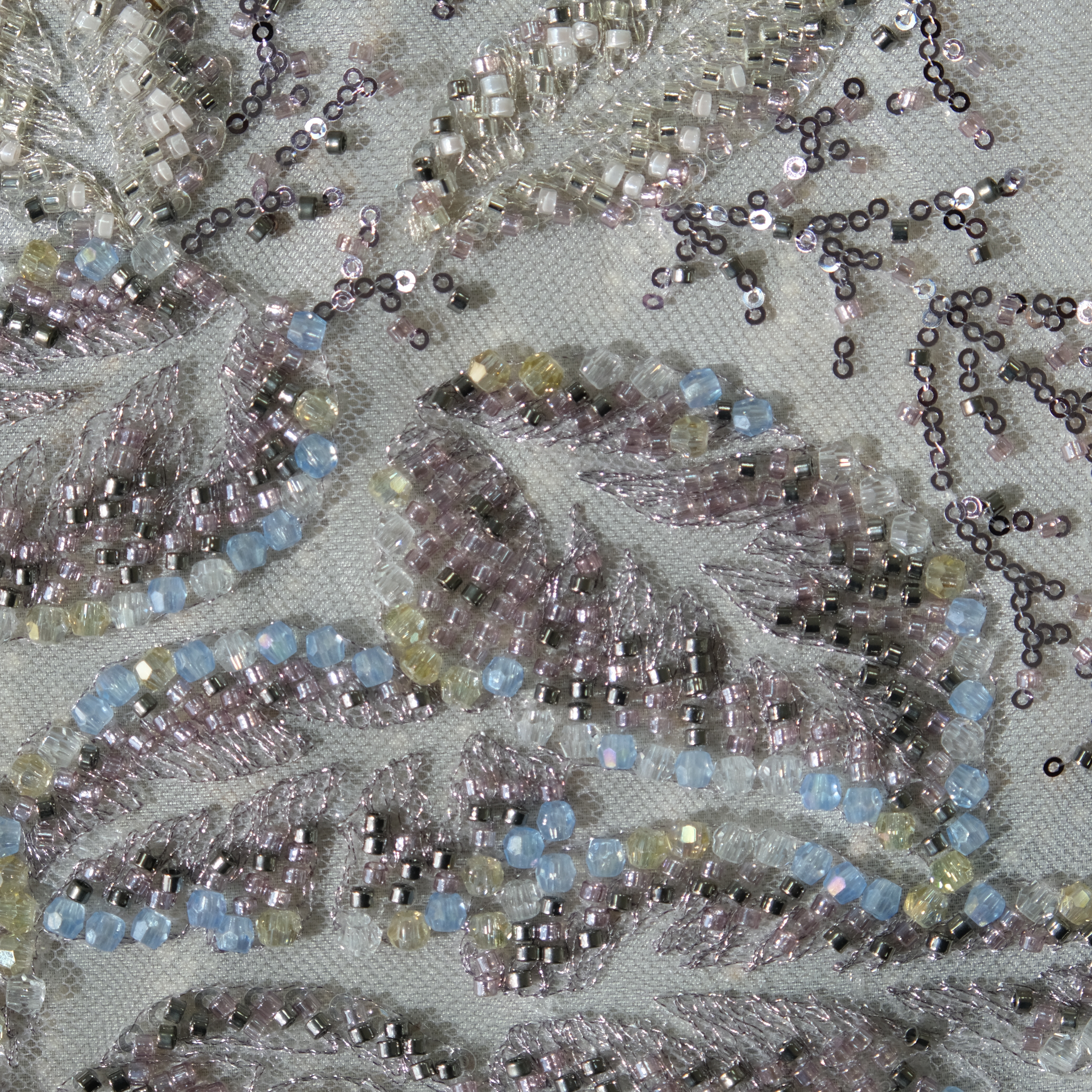 Leaf Pattern Beaded Embroidery Fabric in LightPurple color