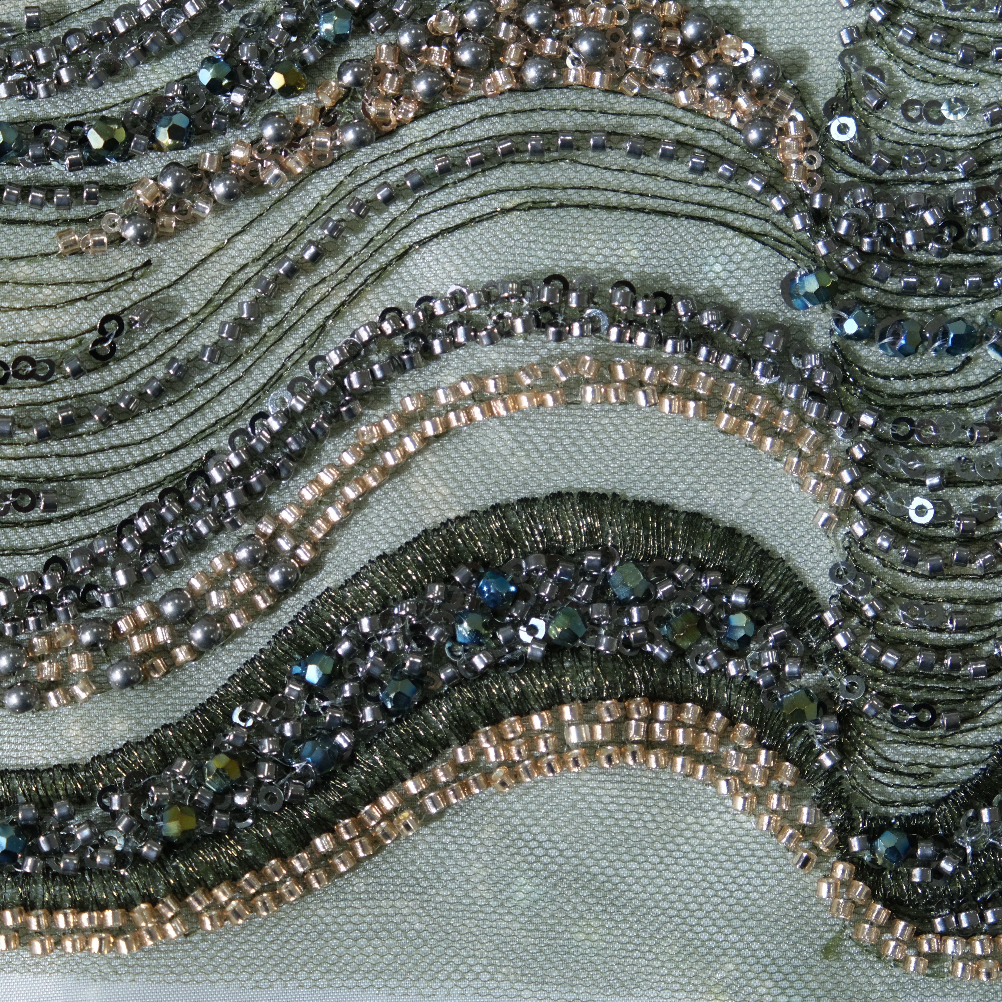 Wave Sequin Embroidery Fabric in ArmyGreen color