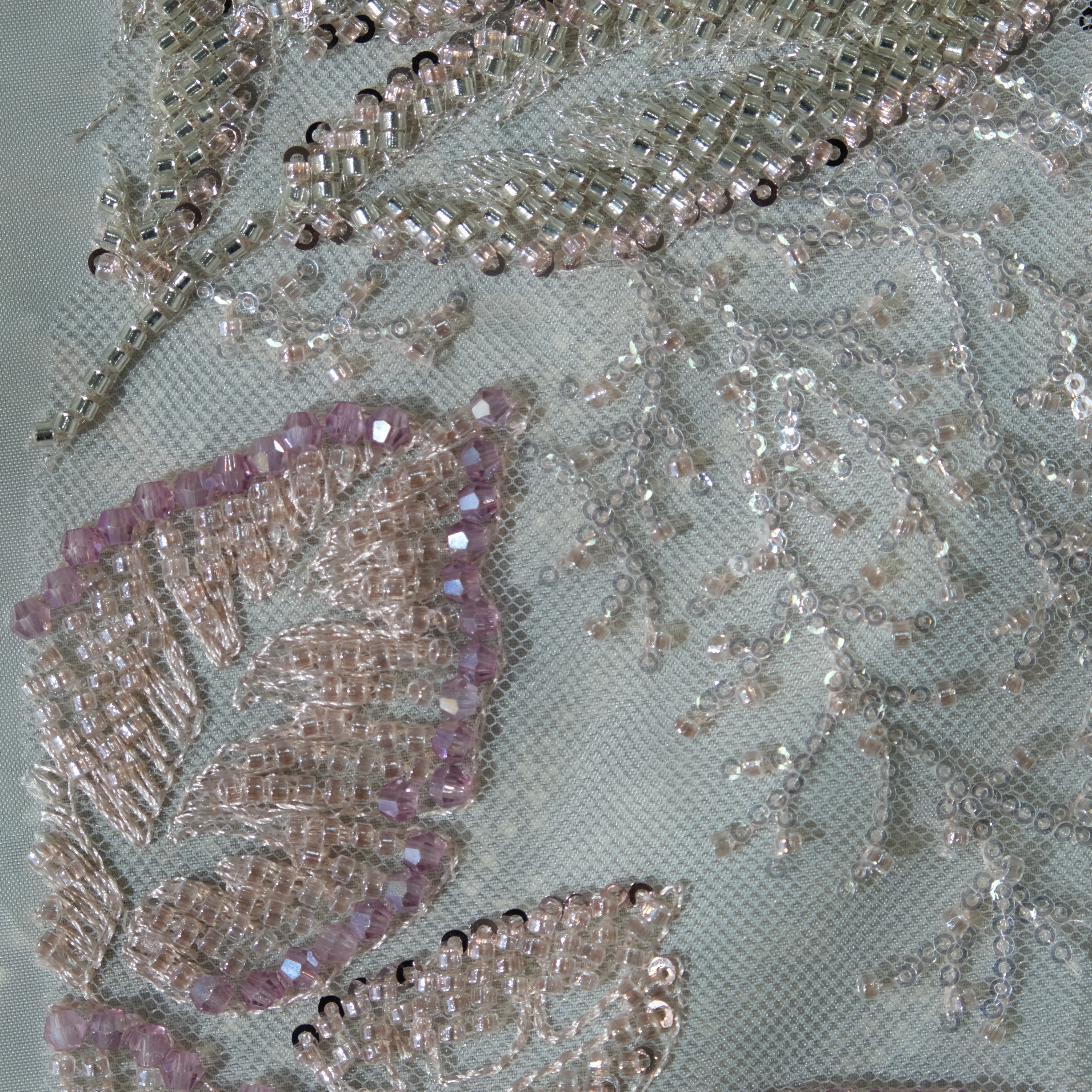 Leaf Pattern Beaded Embroidery Fabric in Pink color
