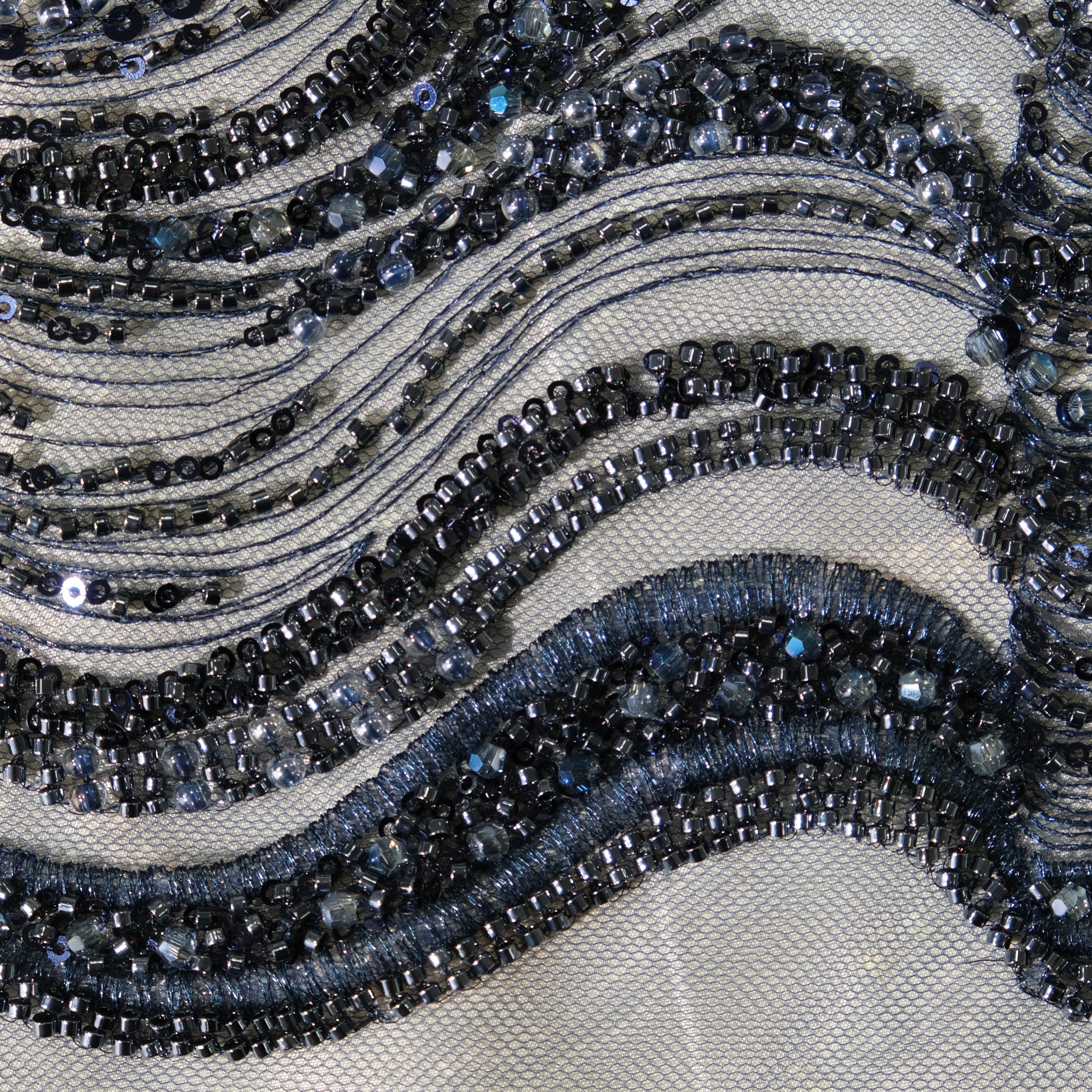 Wave Sequin Embroidery Fabric in Navy color