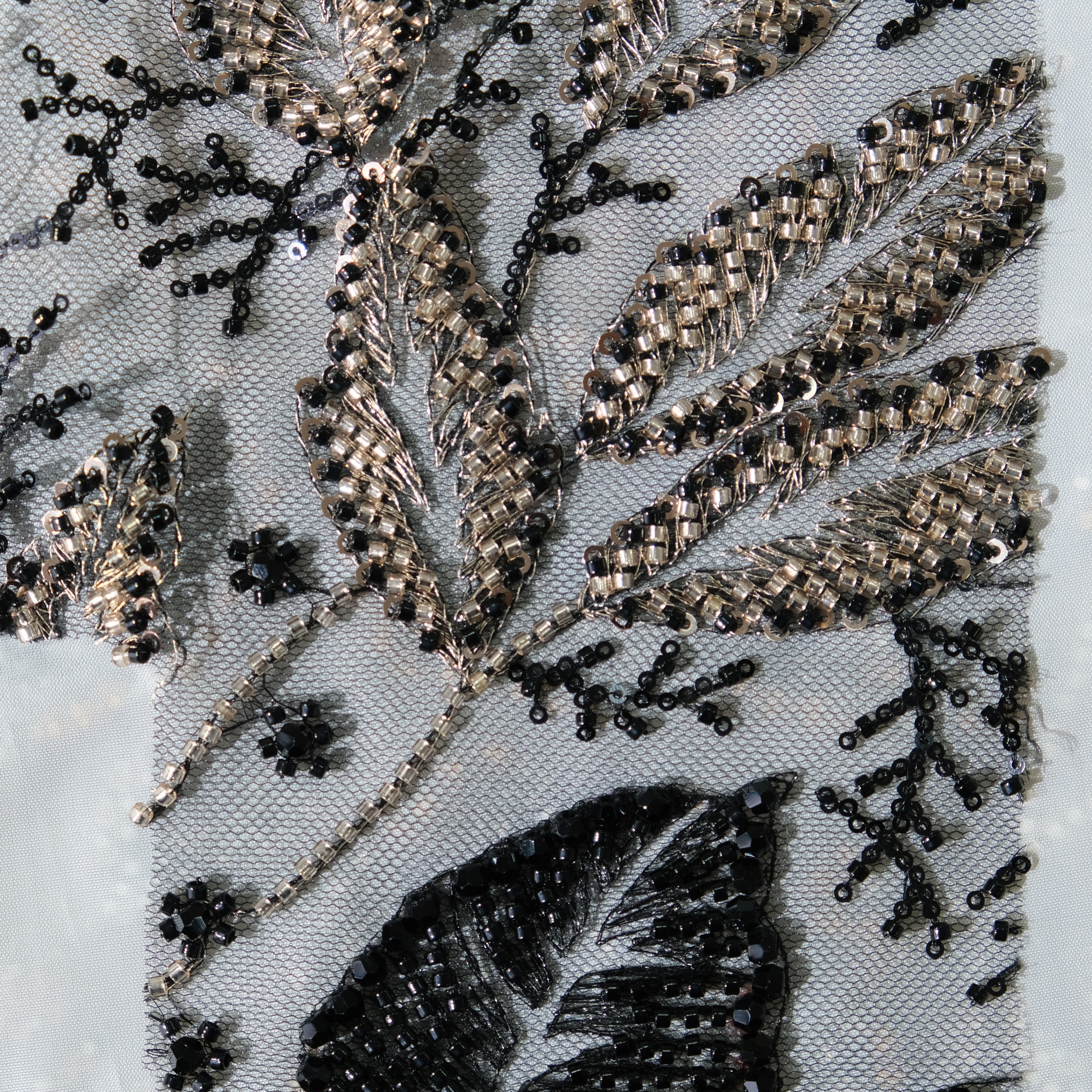 Leaf Pattern Beaded Embroidery Fabric in BlackGolden color