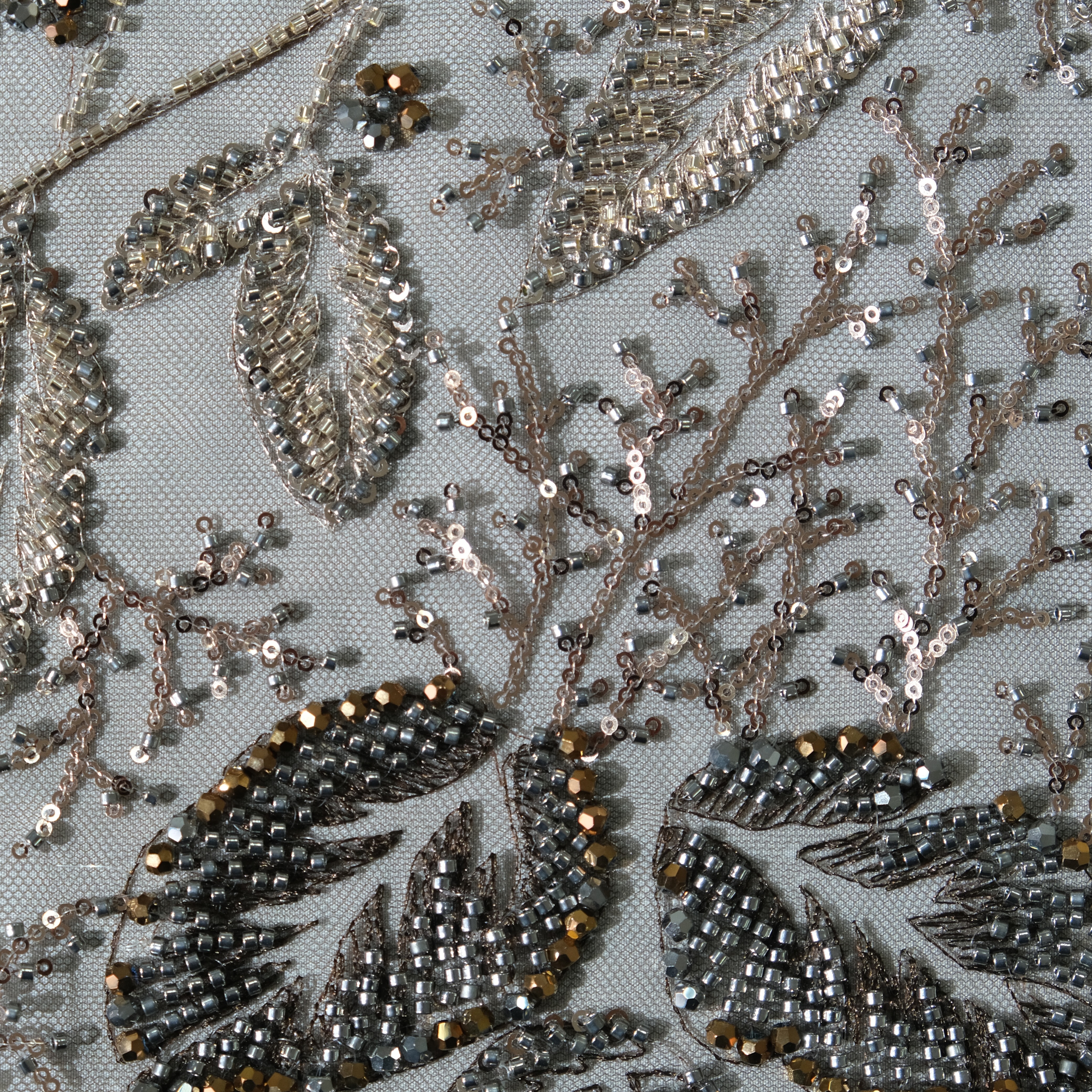 Leaf Pattern Beaded Embroidery Fabric in Brown color
