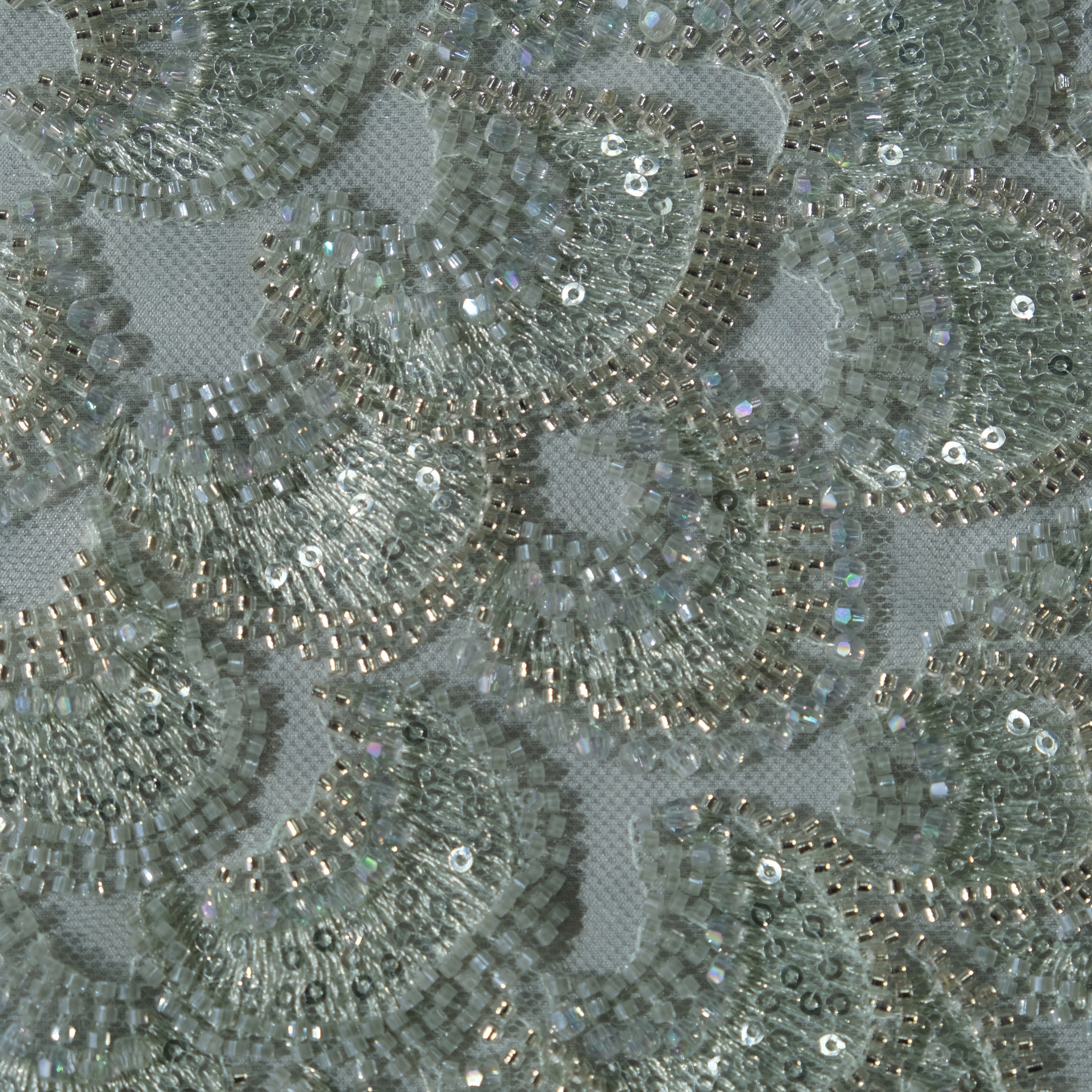 Peacock Feather Sequin Embroidery Fabric in GrayGreen color