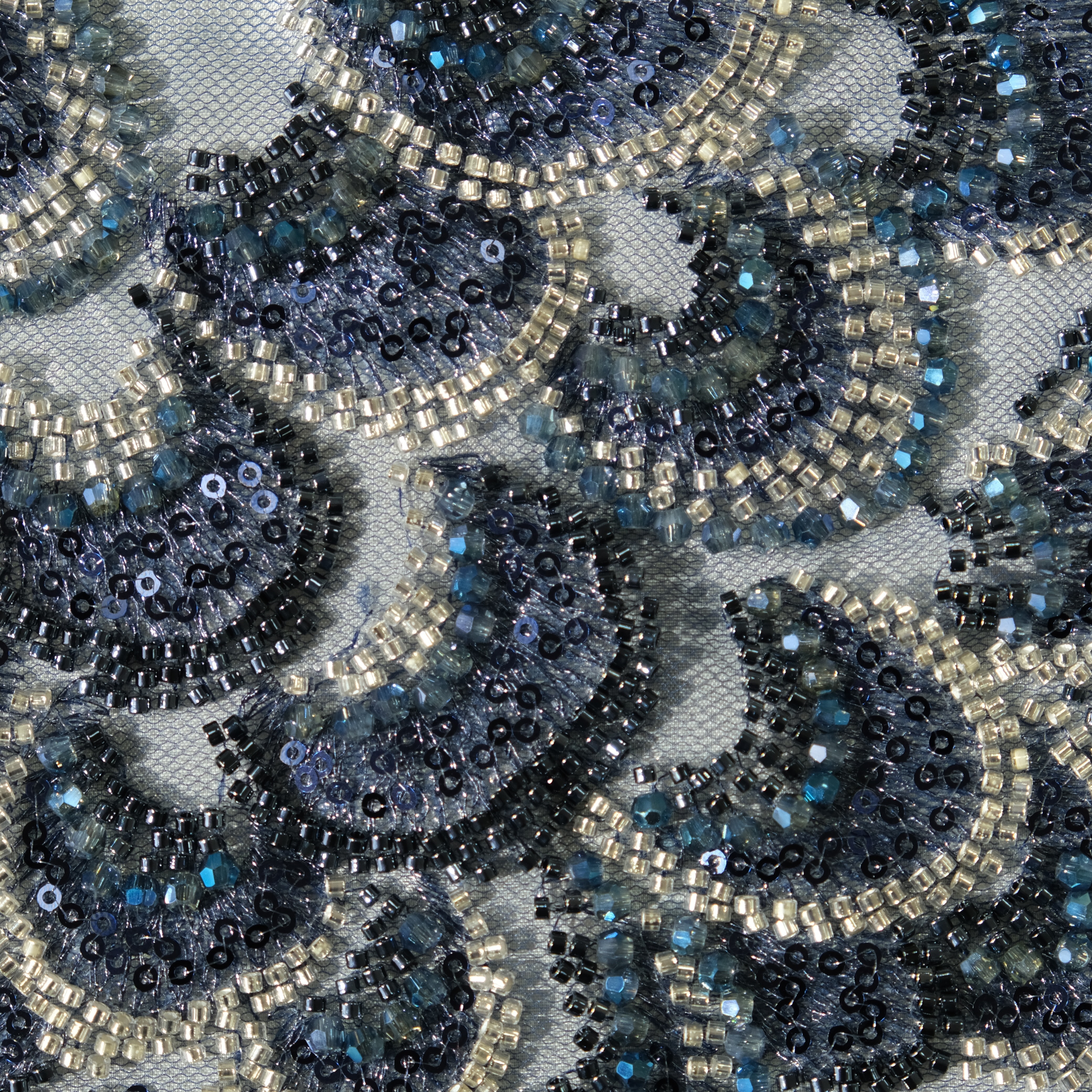 Peacock Feather Sequin Embroidery Fabric in Navy color