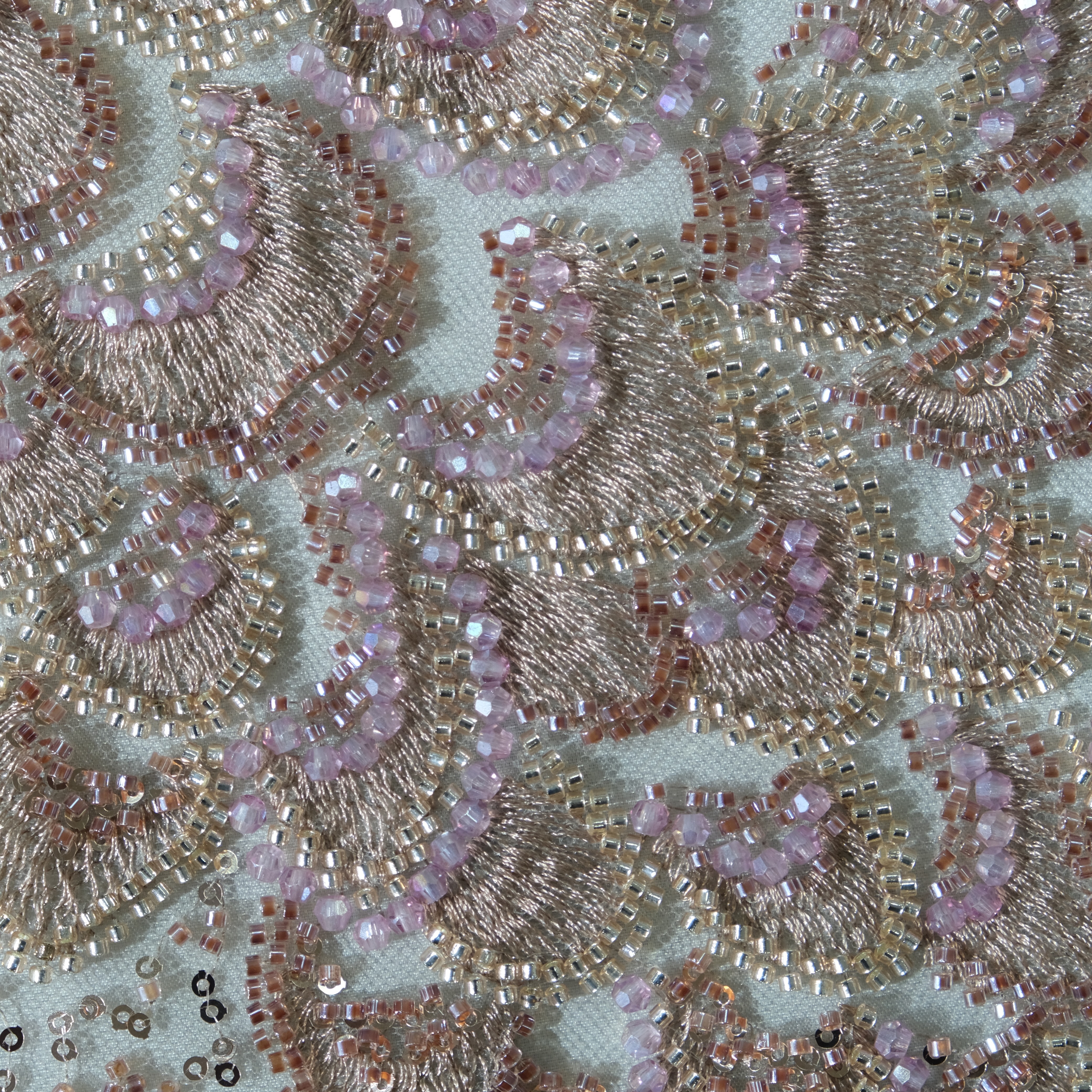 Peacock Feather Sequin Embroidery Fabric in GoldenPink color