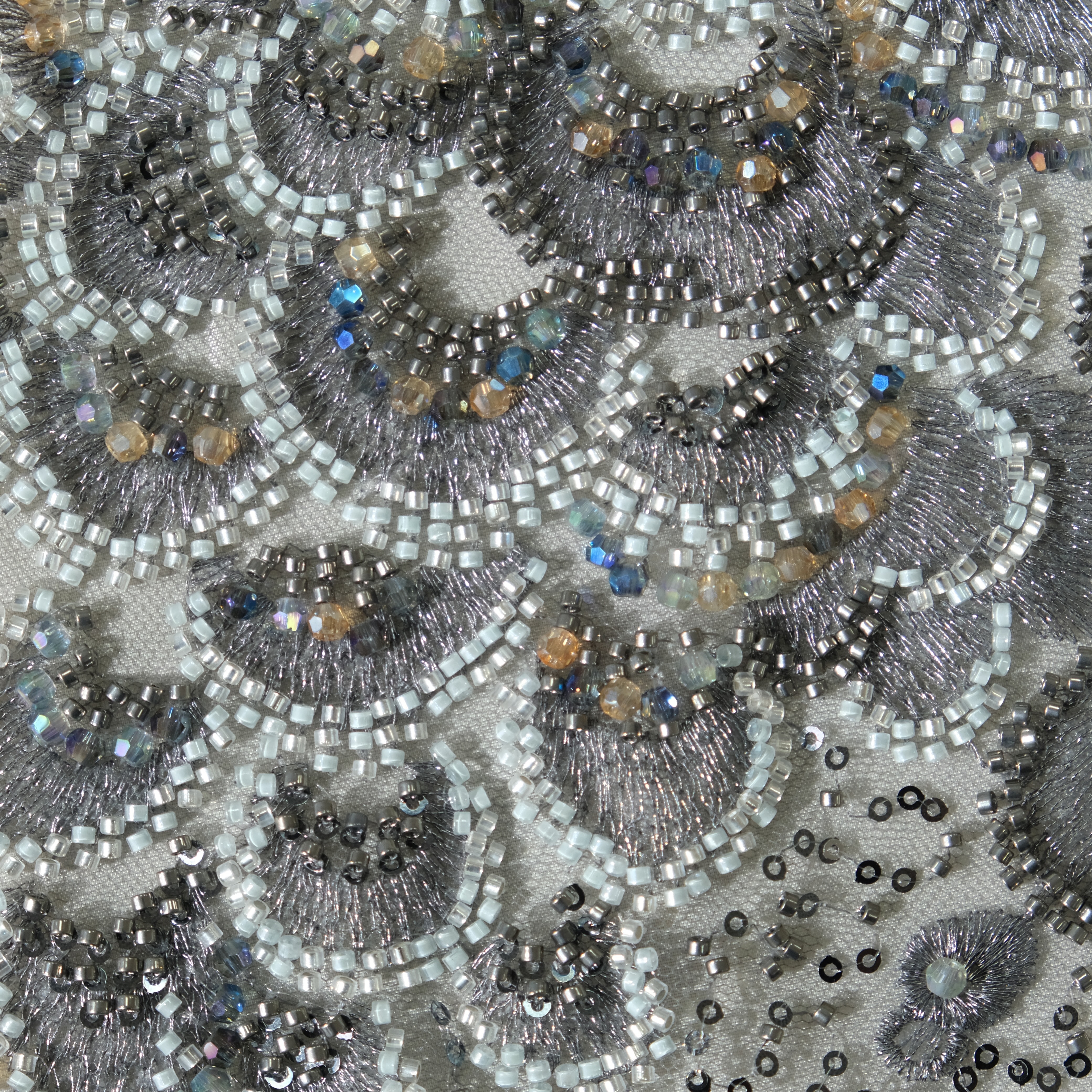 Peacock Feather Sequin Embroidery Fabric in GrayBrown color