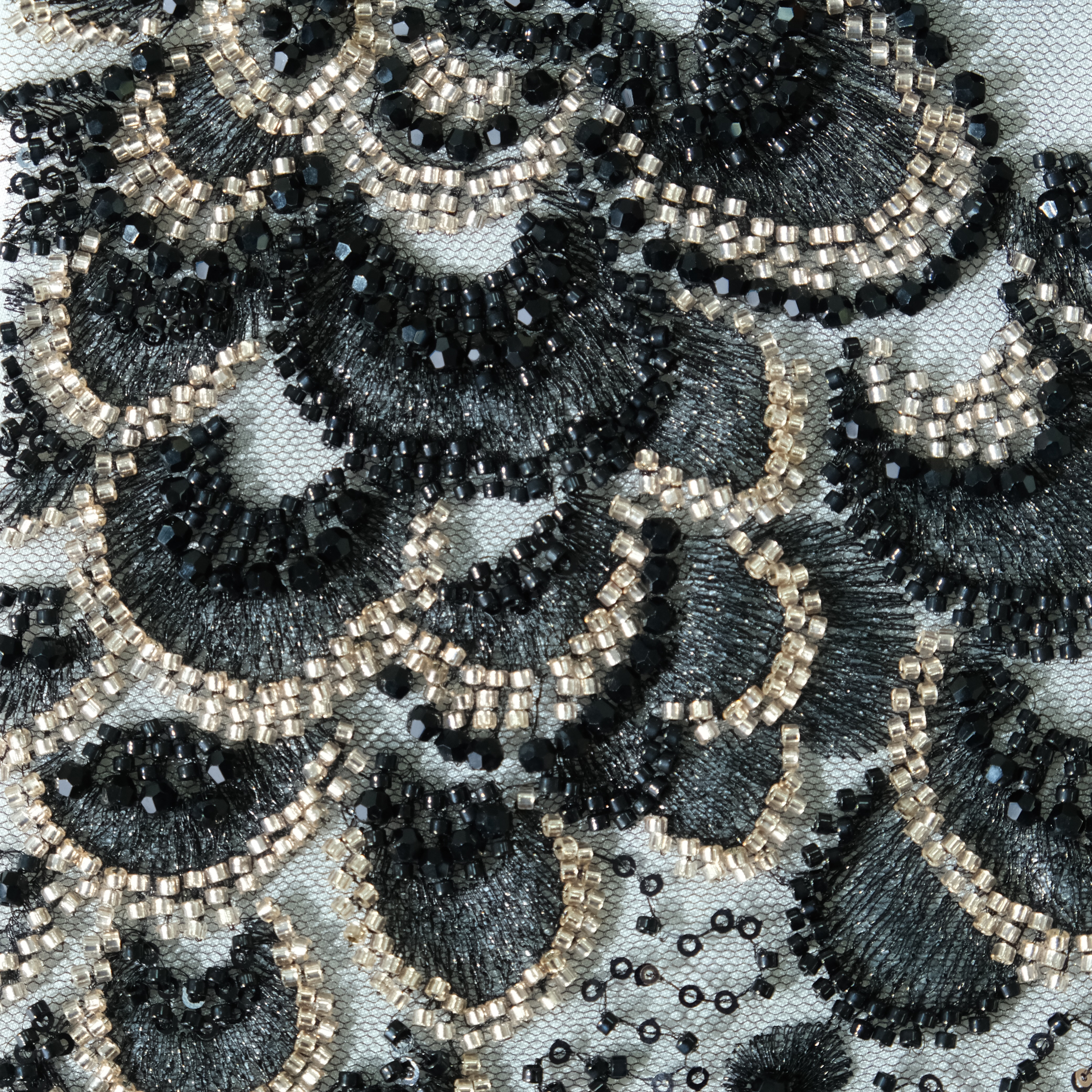 Peacock Feather Sequin Embroidery Fabric in BlackGolden color