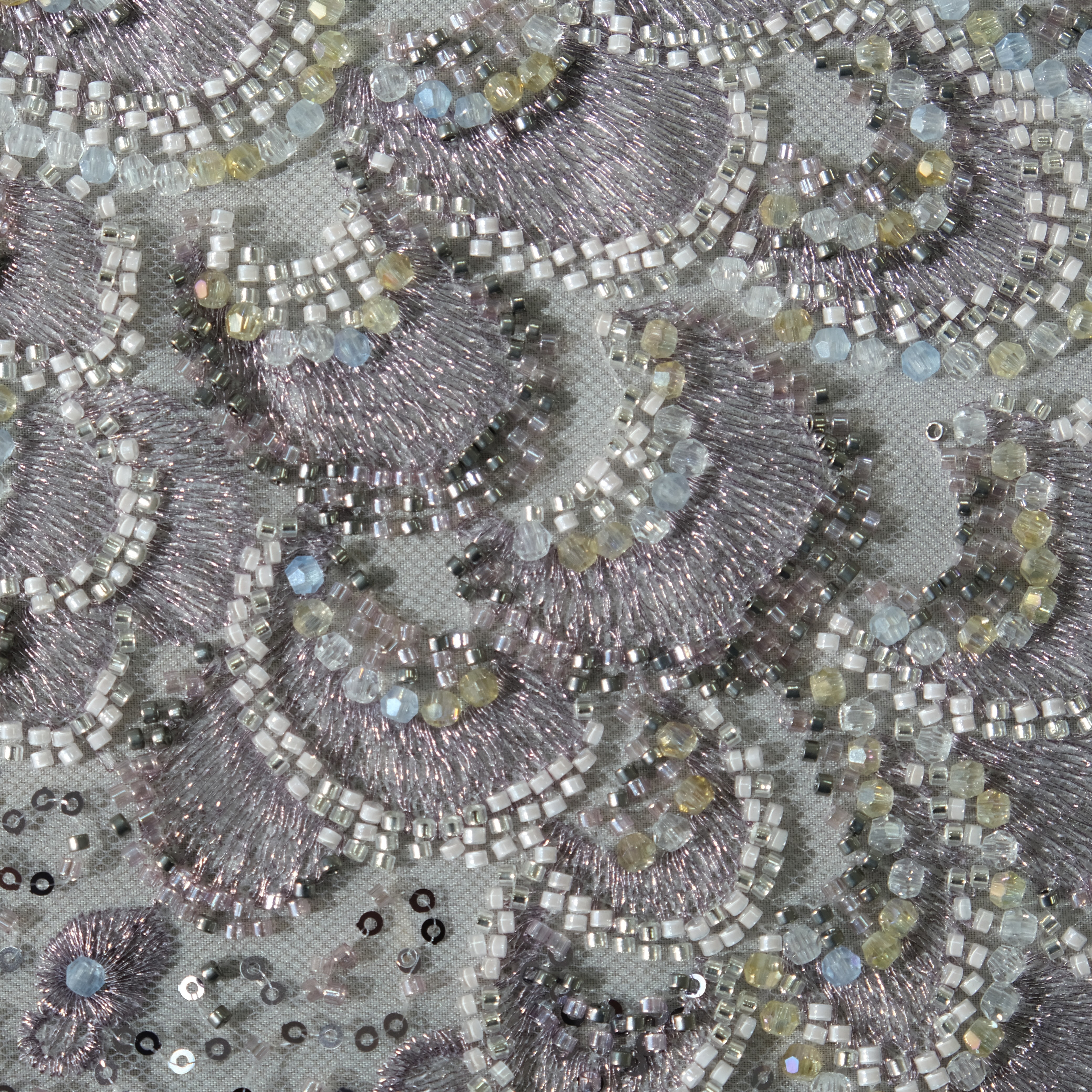 Peacock Feather Sequin Embroidery Fabric in LightPurple color