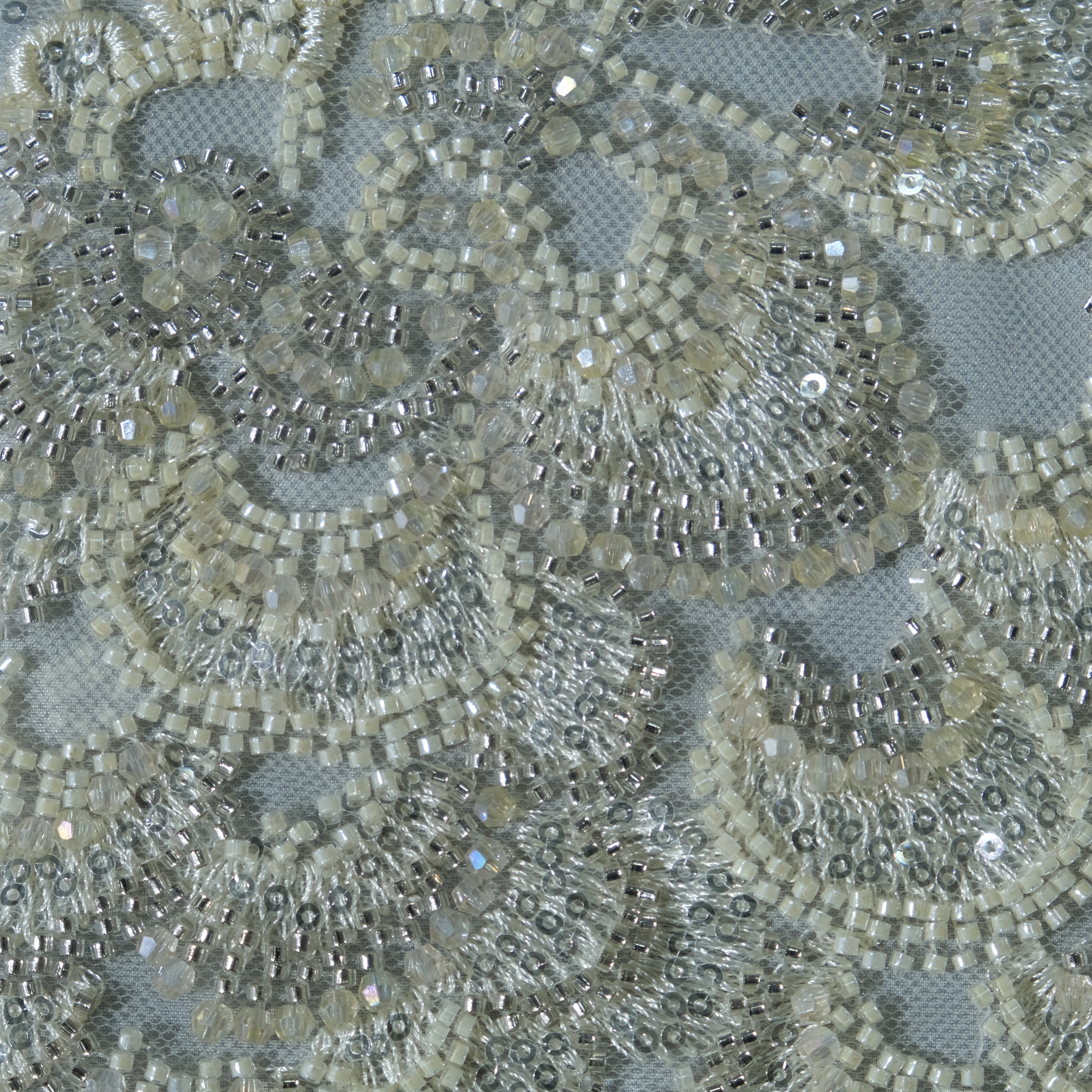 Peacock Feather Sequin Embroidery Fabric in Complexion color