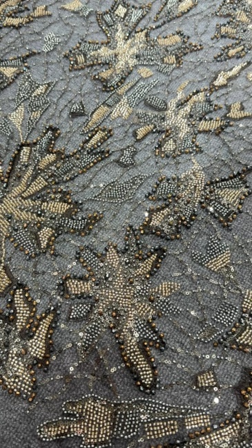Ornamental Motif Beaded Sequin Embroidery Fabric