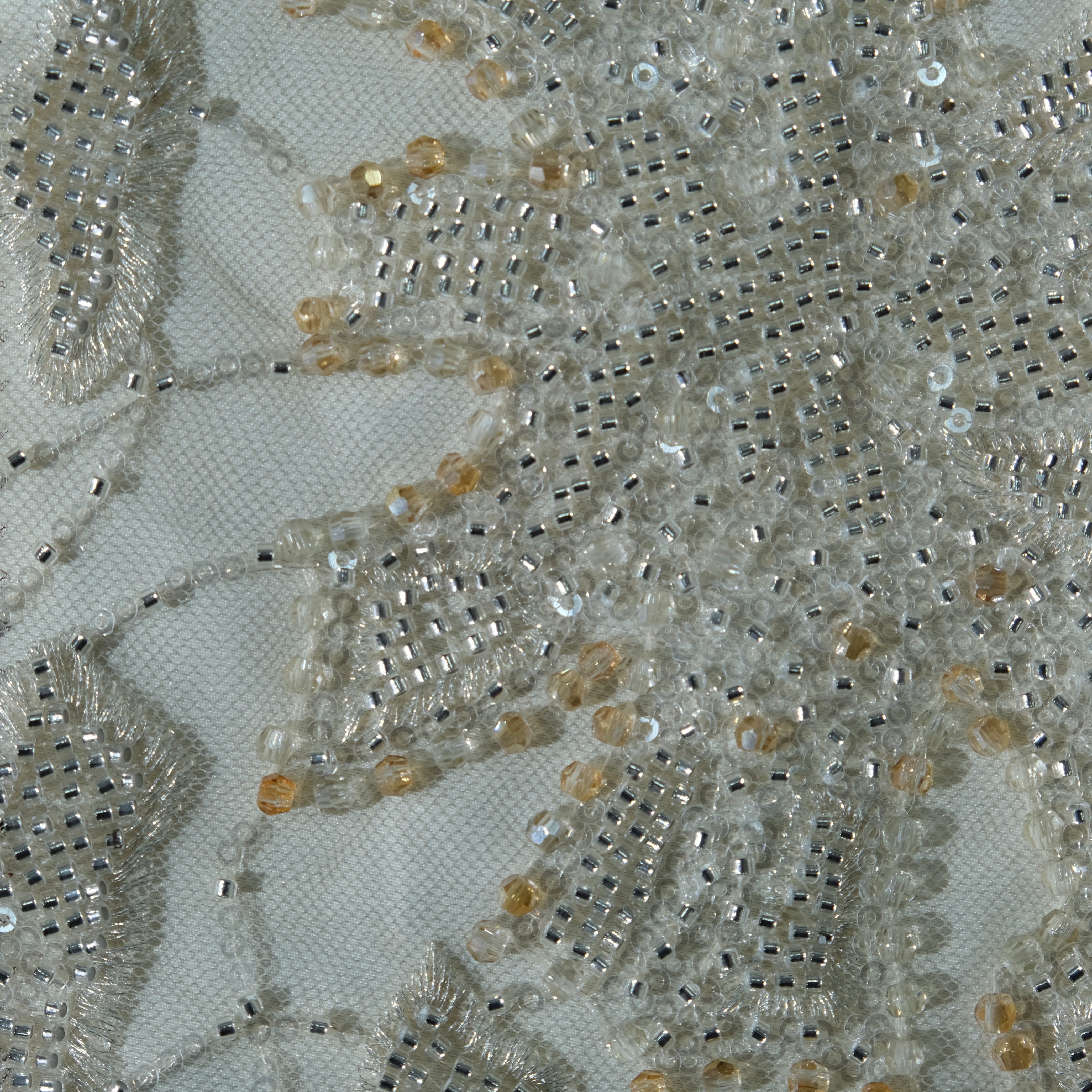 Ornamental Motif Beaded Sequin Embroidery Fabric in BeigeWhite color