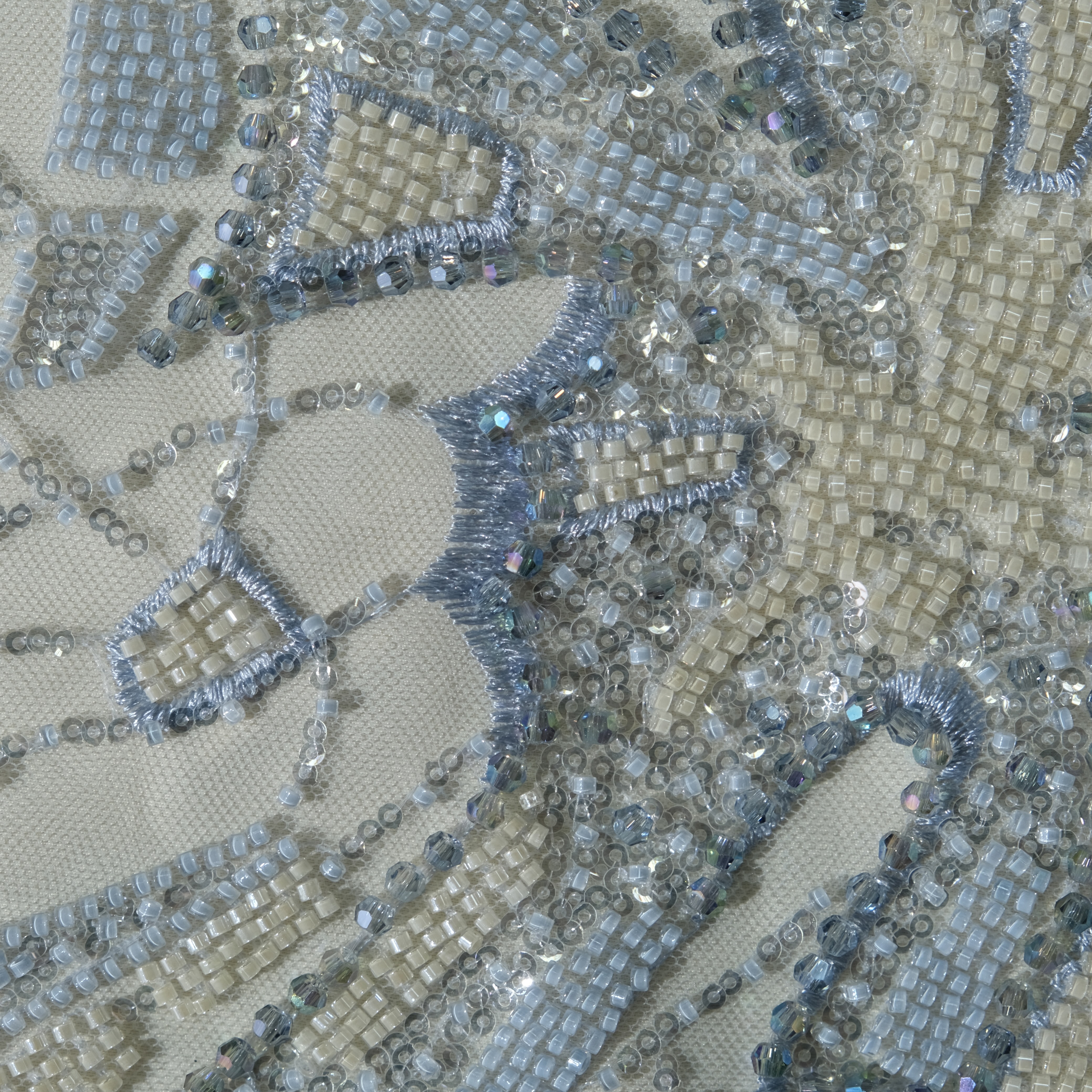 Ornamental Motif Beaded Sequin Embroidery Fabric in LightBlue color