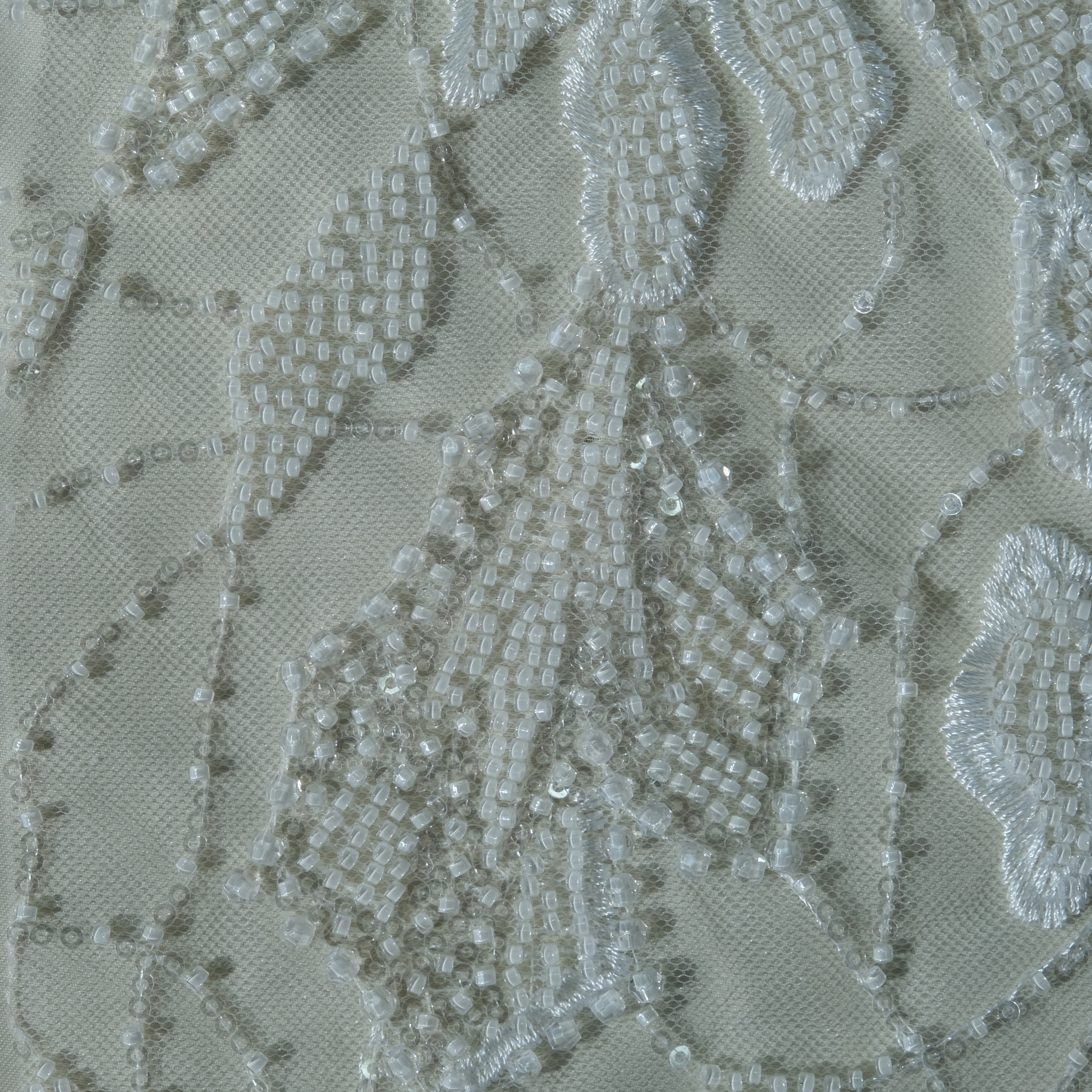 Ornamental Motif Beaded Sequin Embroidery Fabric in Rawwhite color