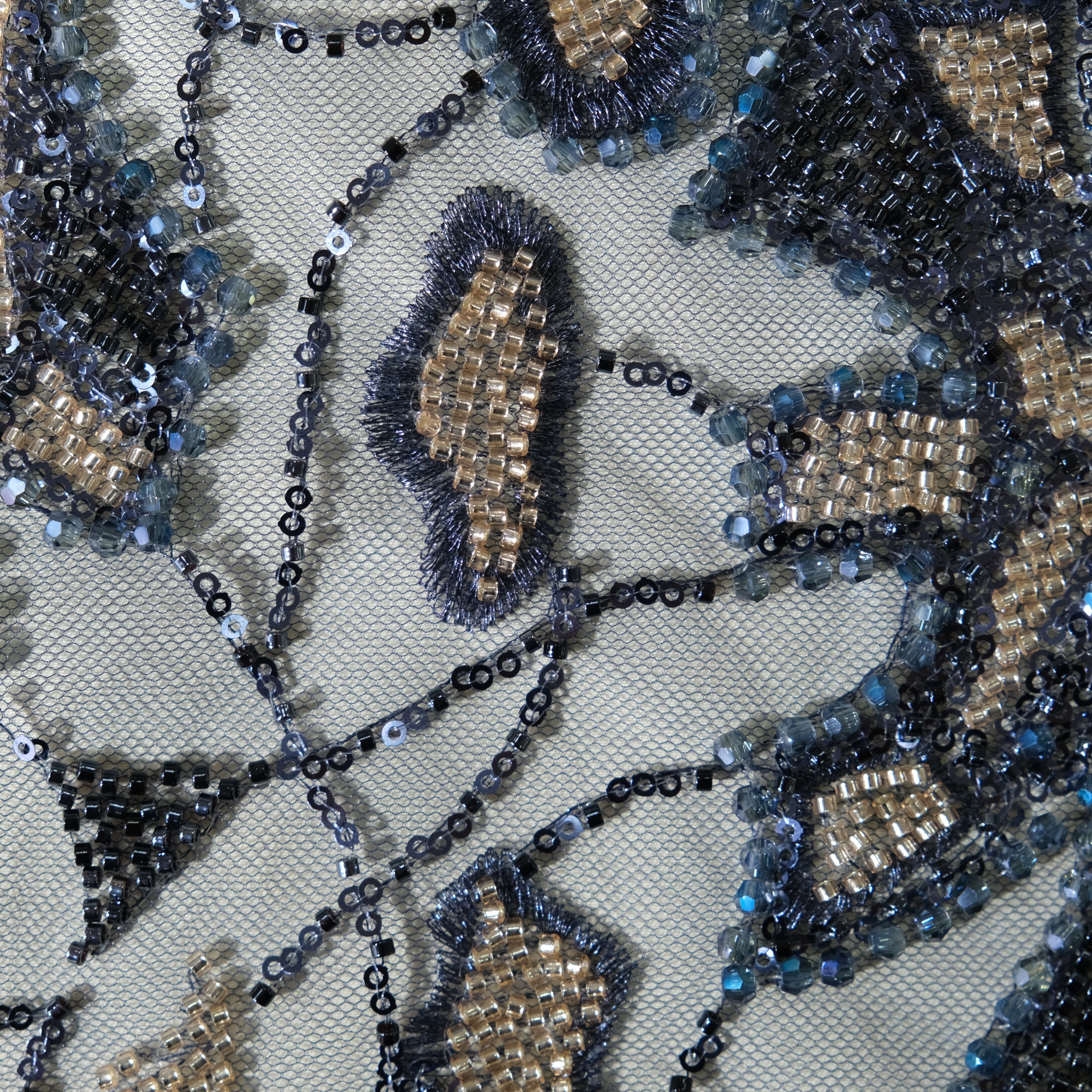 Ornamental Motif Beaded Sequin Embroidery Fabric in Navy2 color