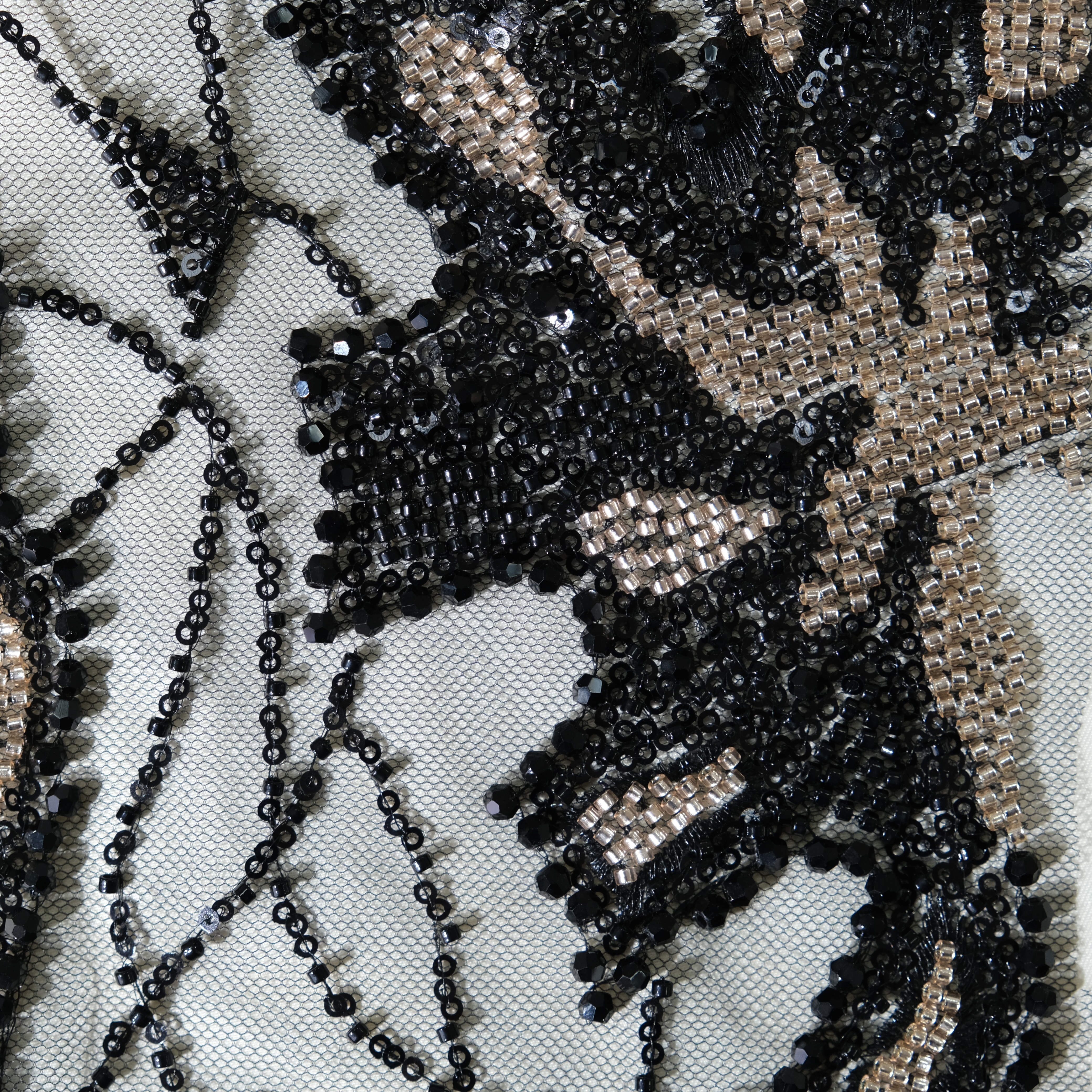 Ornamental Motif Beaded Sequin Embroidery Fabric in Black color
