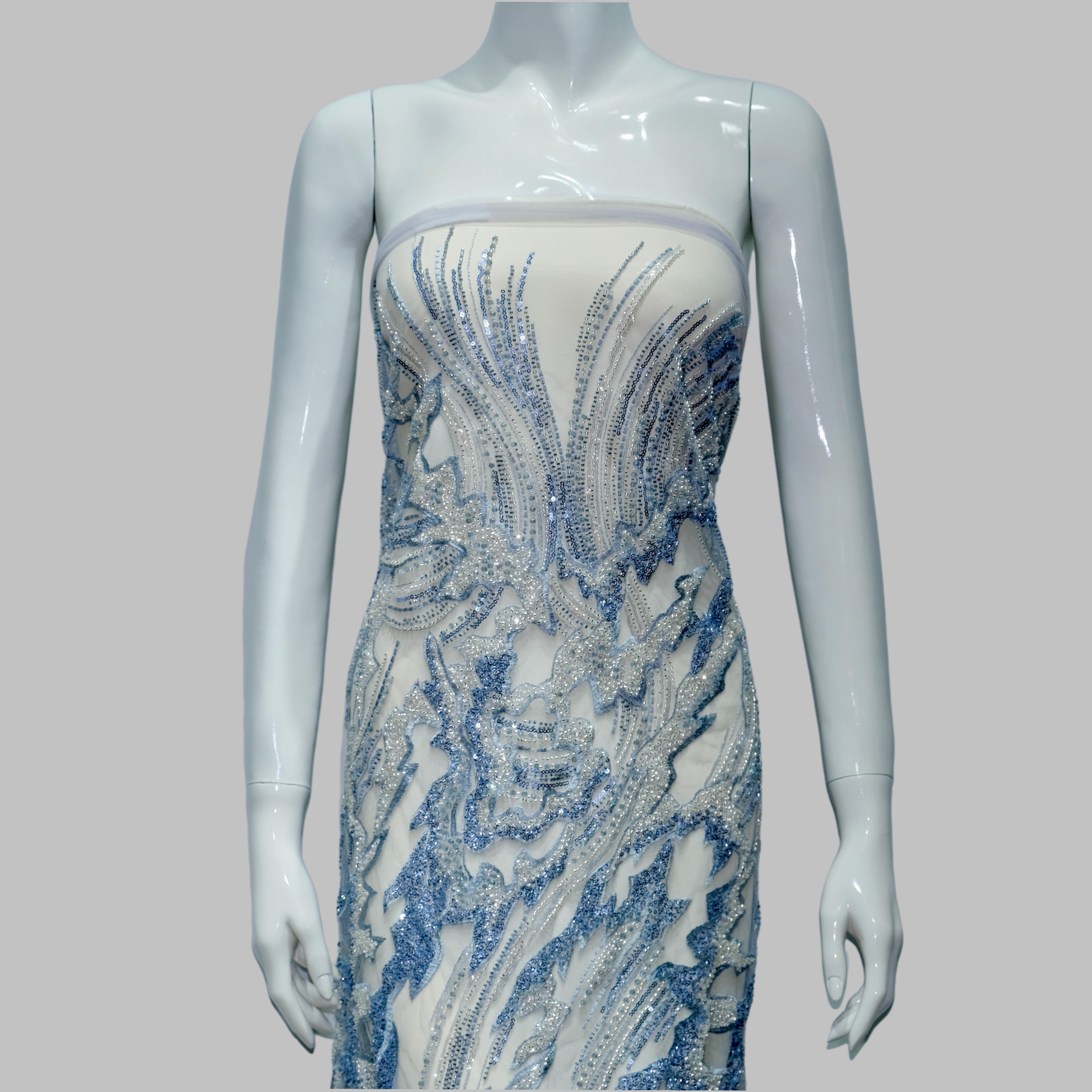 Phoenix Feather Beaded Embroidery Fabric in LightBlue color