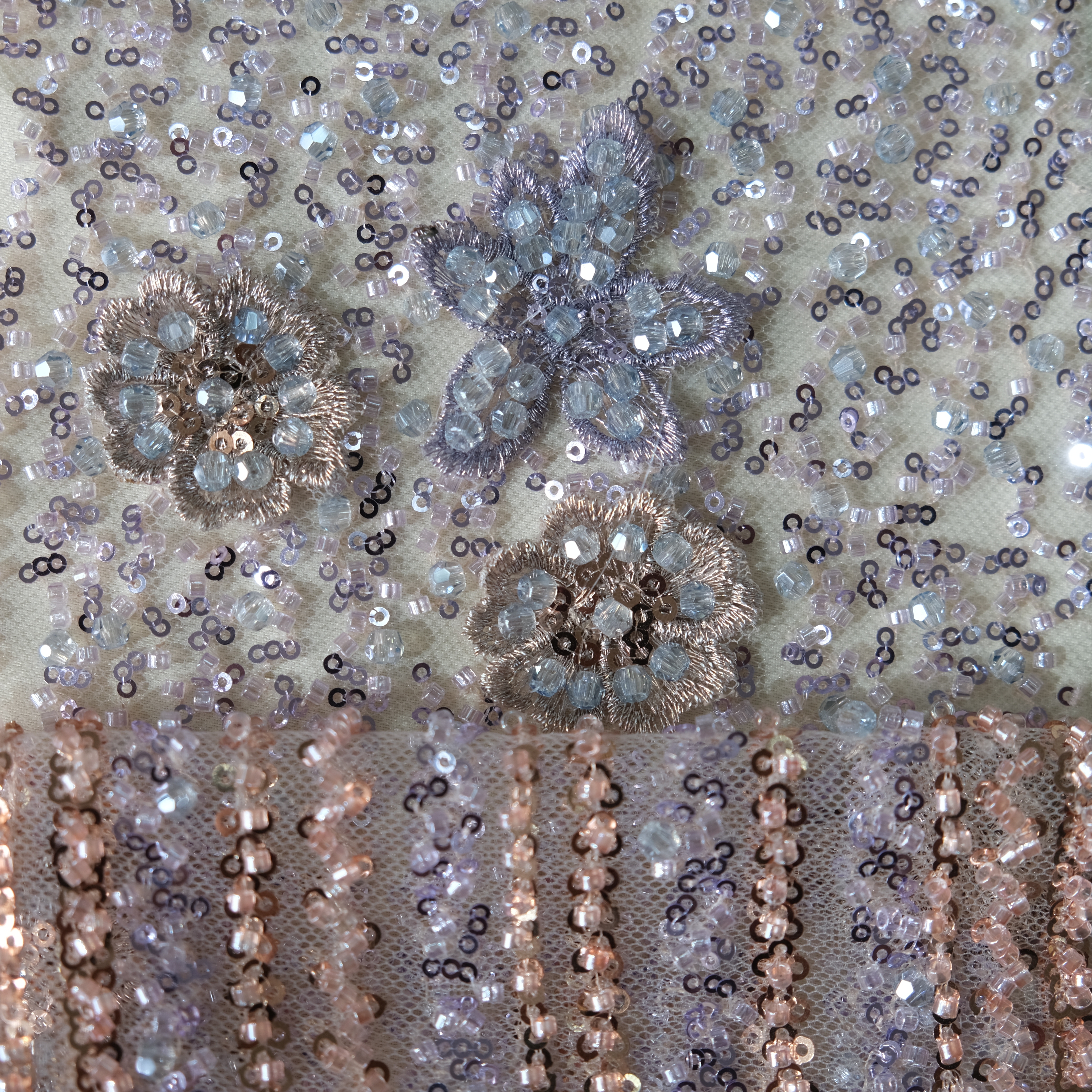 Cascading Blossom Embroidery Fabric in LightPurple color