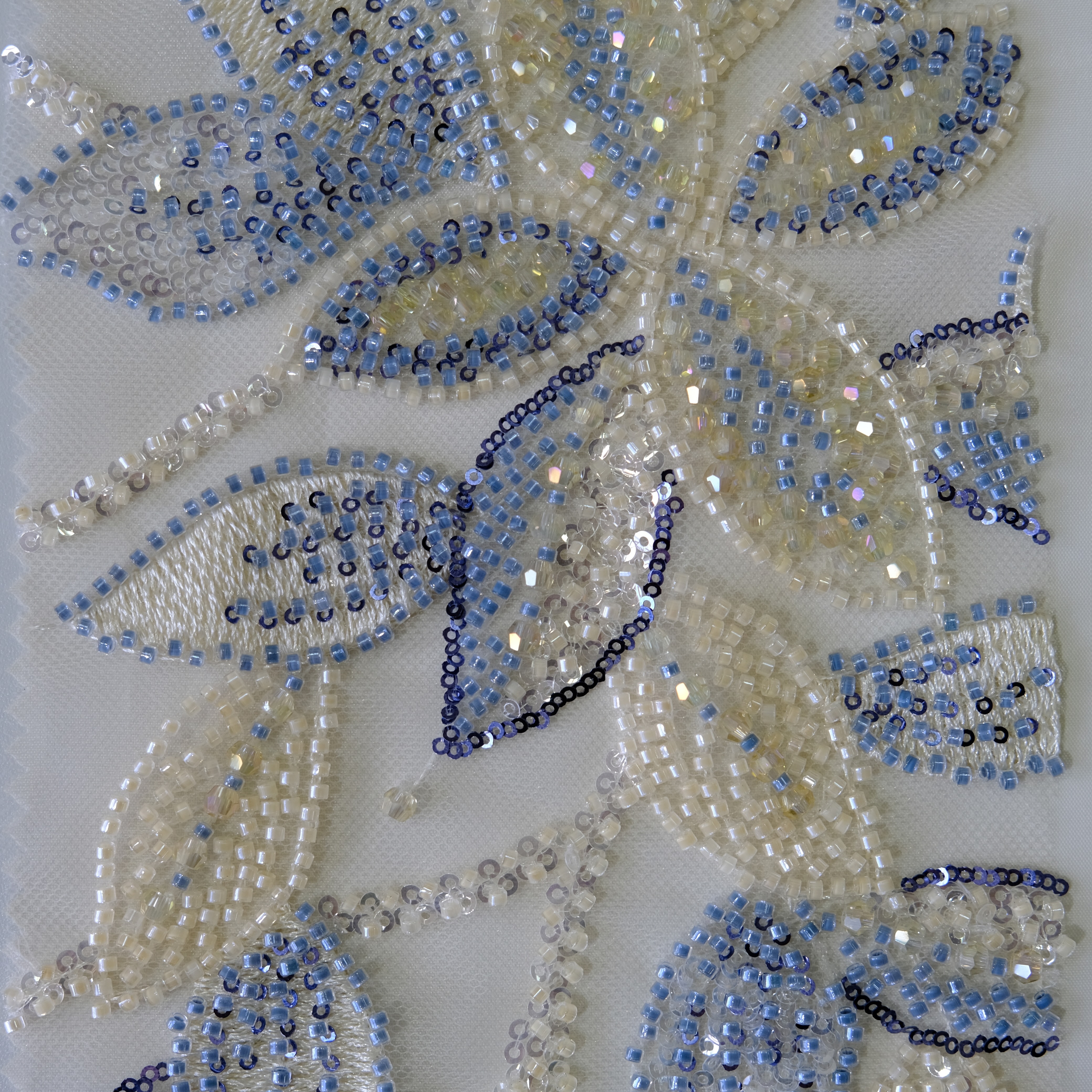Floral Vine Beaded Embroidery Fabric in YellowBlue color