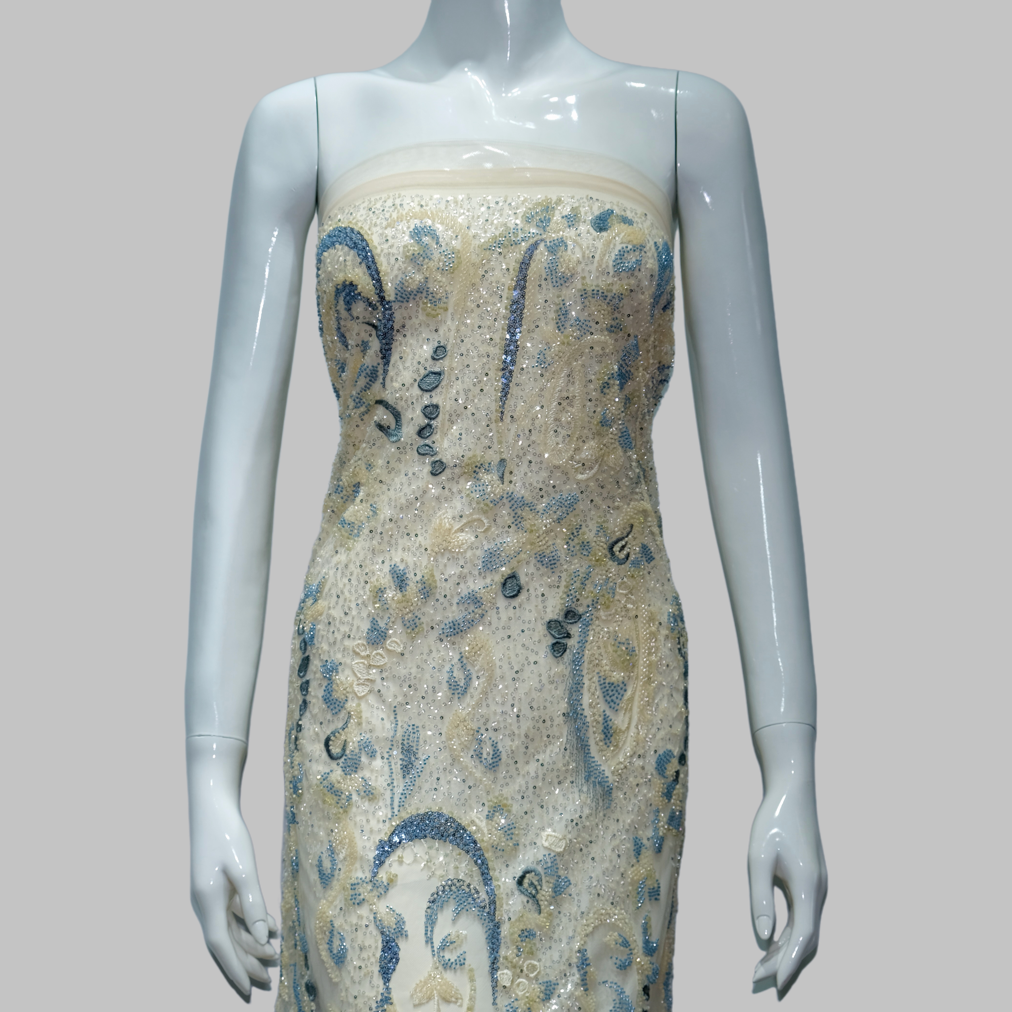 Paisley Beaded Sequin Embroidery Fabric in YellowBlue color