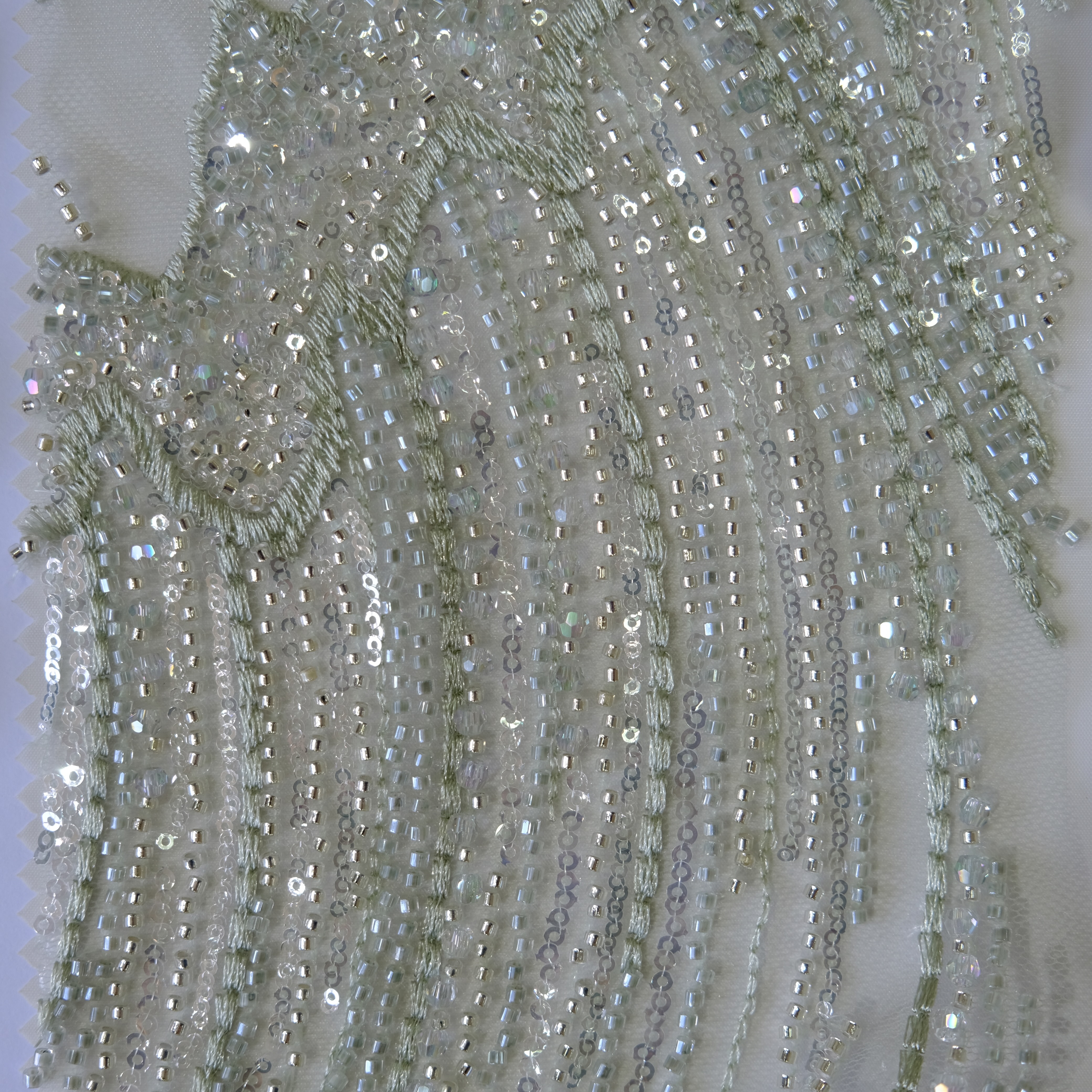 Phoenix Feather Beaded Embroidery Fabric in LightGreen color