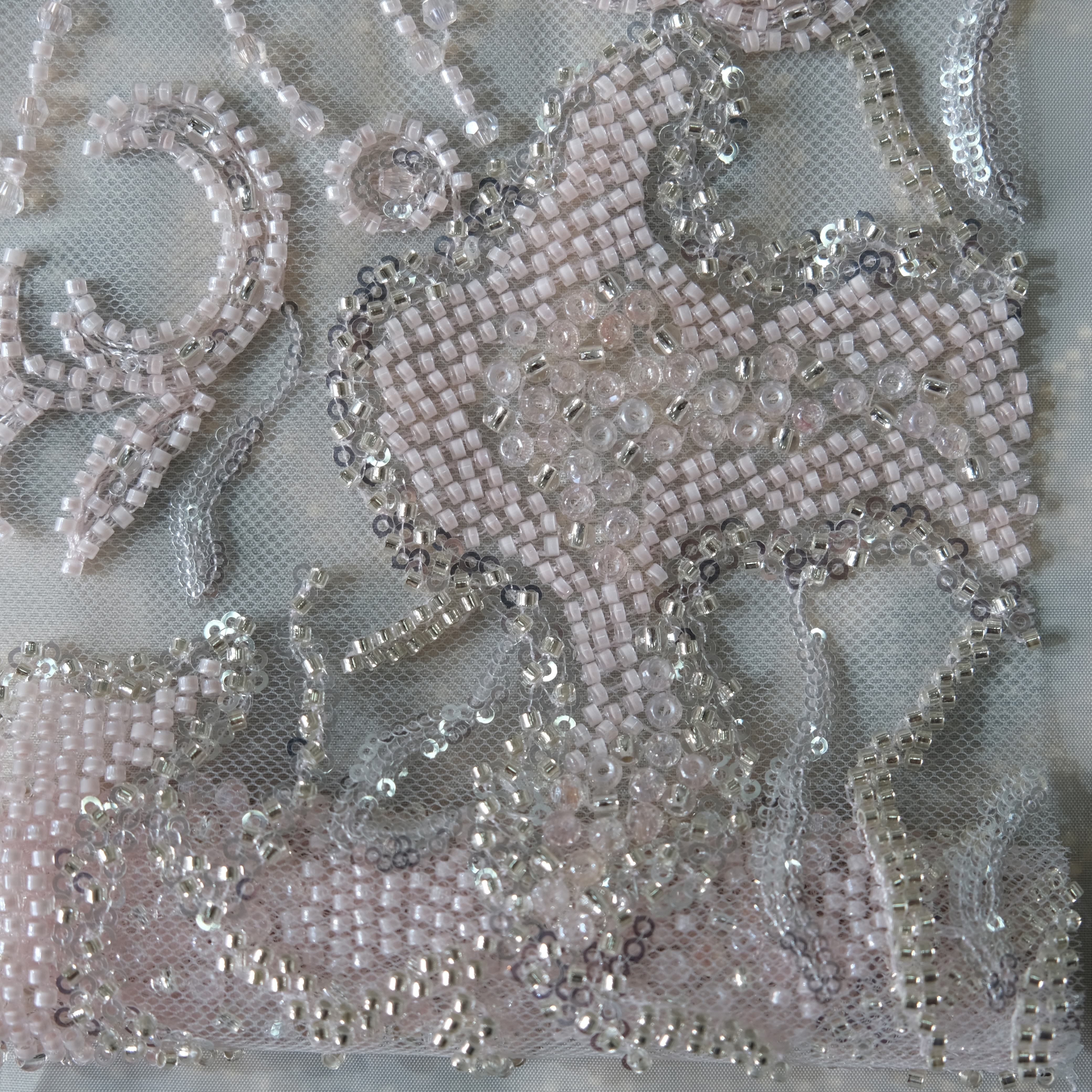 Flame Motif Beaded Embroidery Fabric in Pink color
