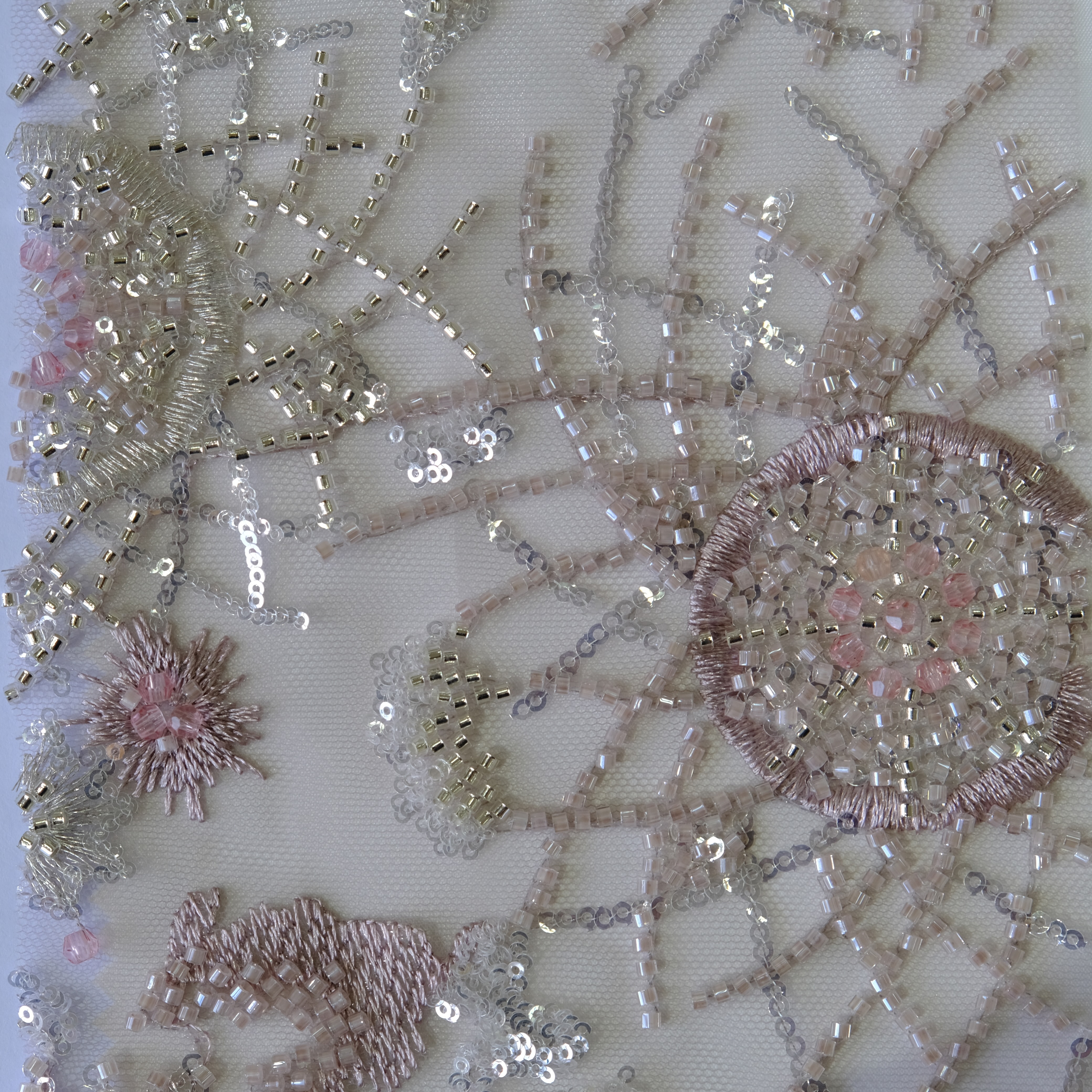 Spiderweb Floral Beaded Embroidery Fabric in Pink color