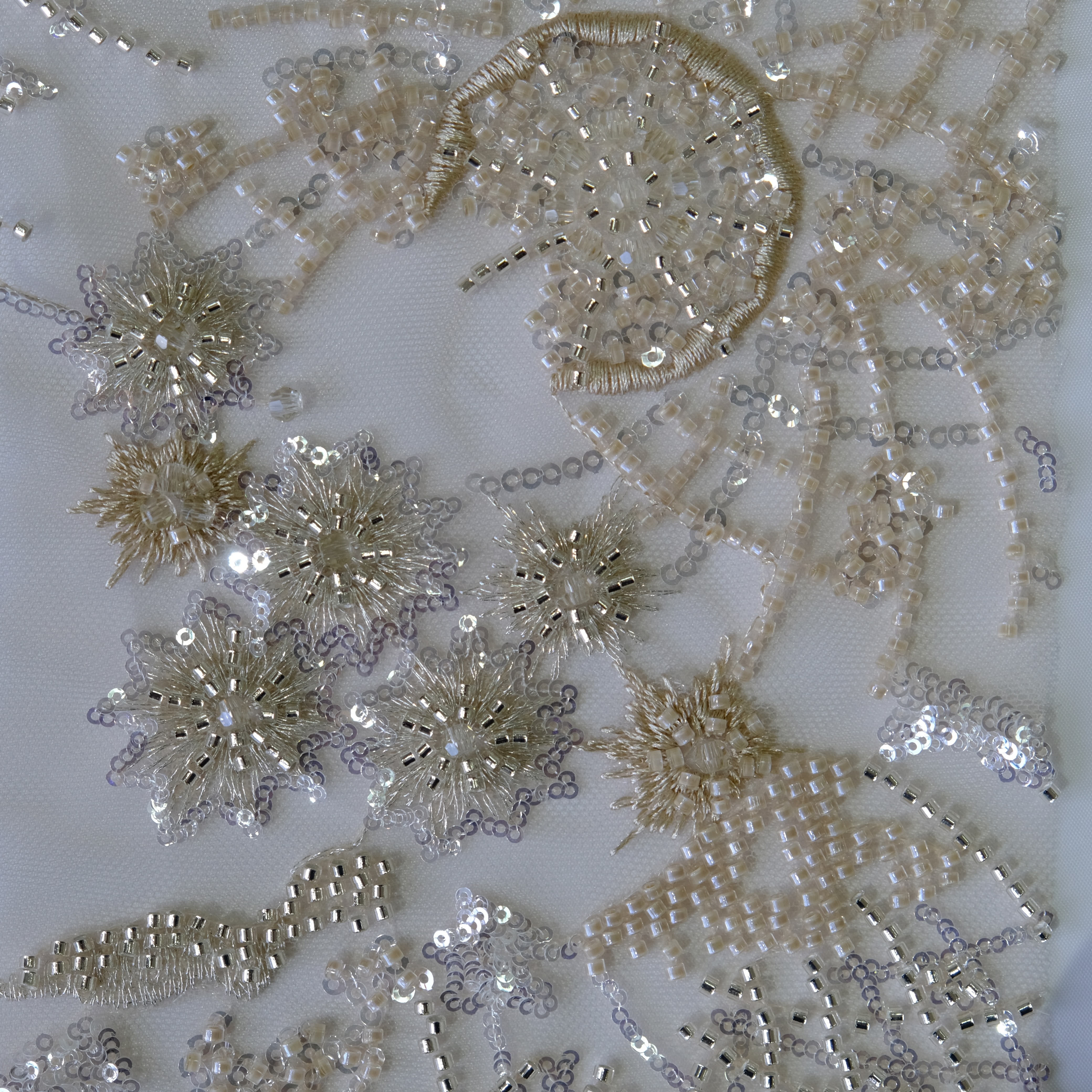 Spiderweb Floral Beaded Embroidery Fabric in BeigeYellow color