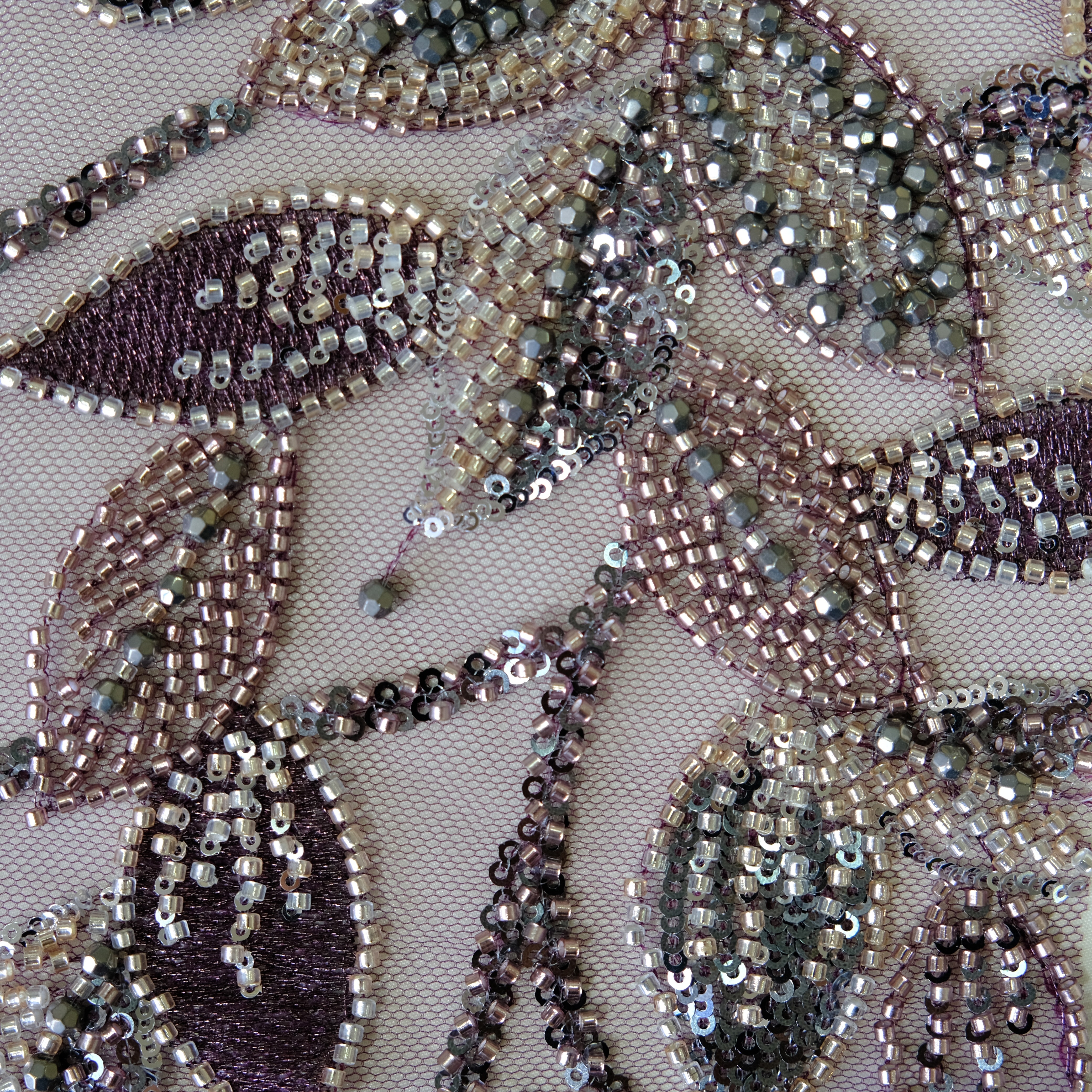 Floral Vine Beaded Embroidery Fabric in DeepPurple color