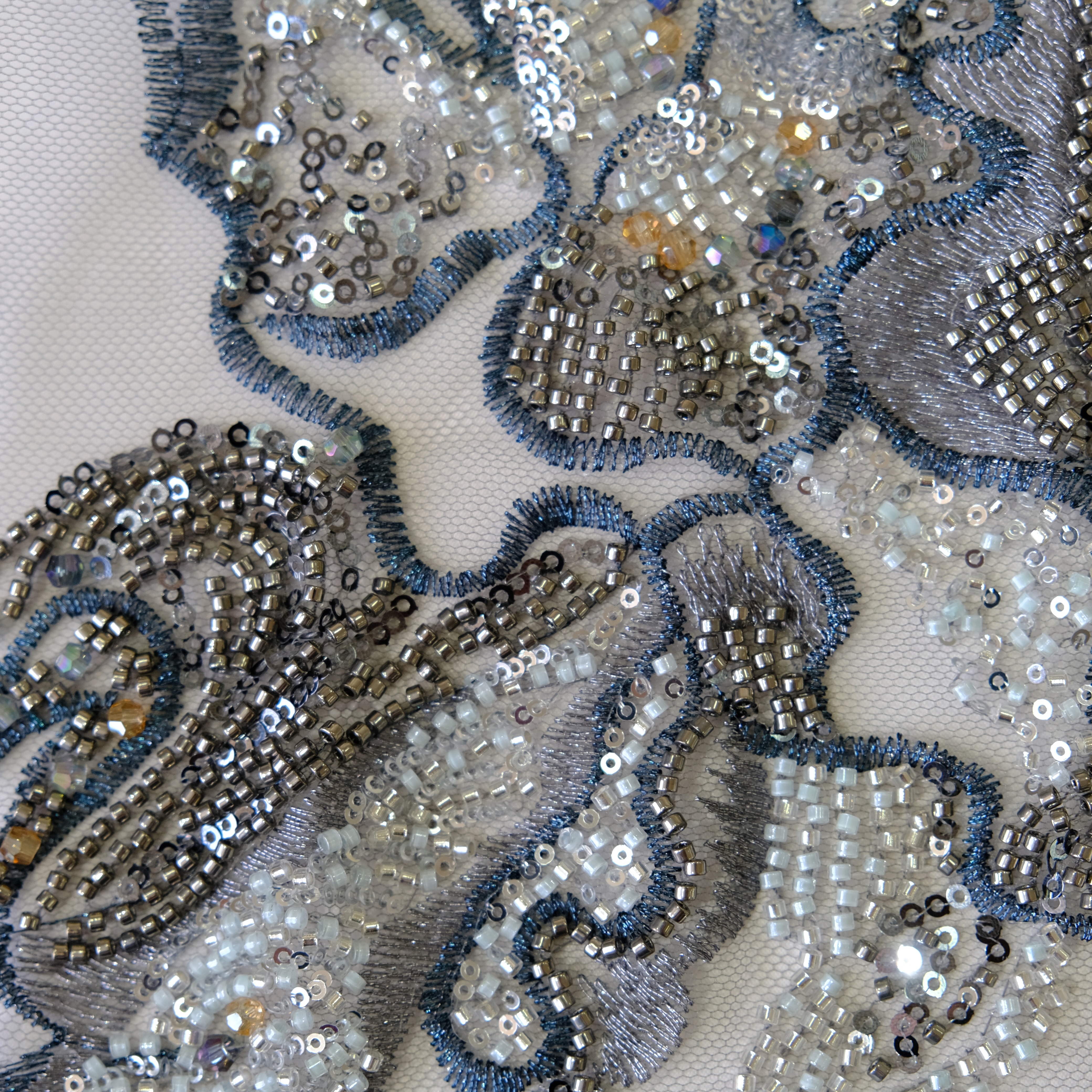 Wild Iris Beaded Embroidery Fabric in GrayNavy color