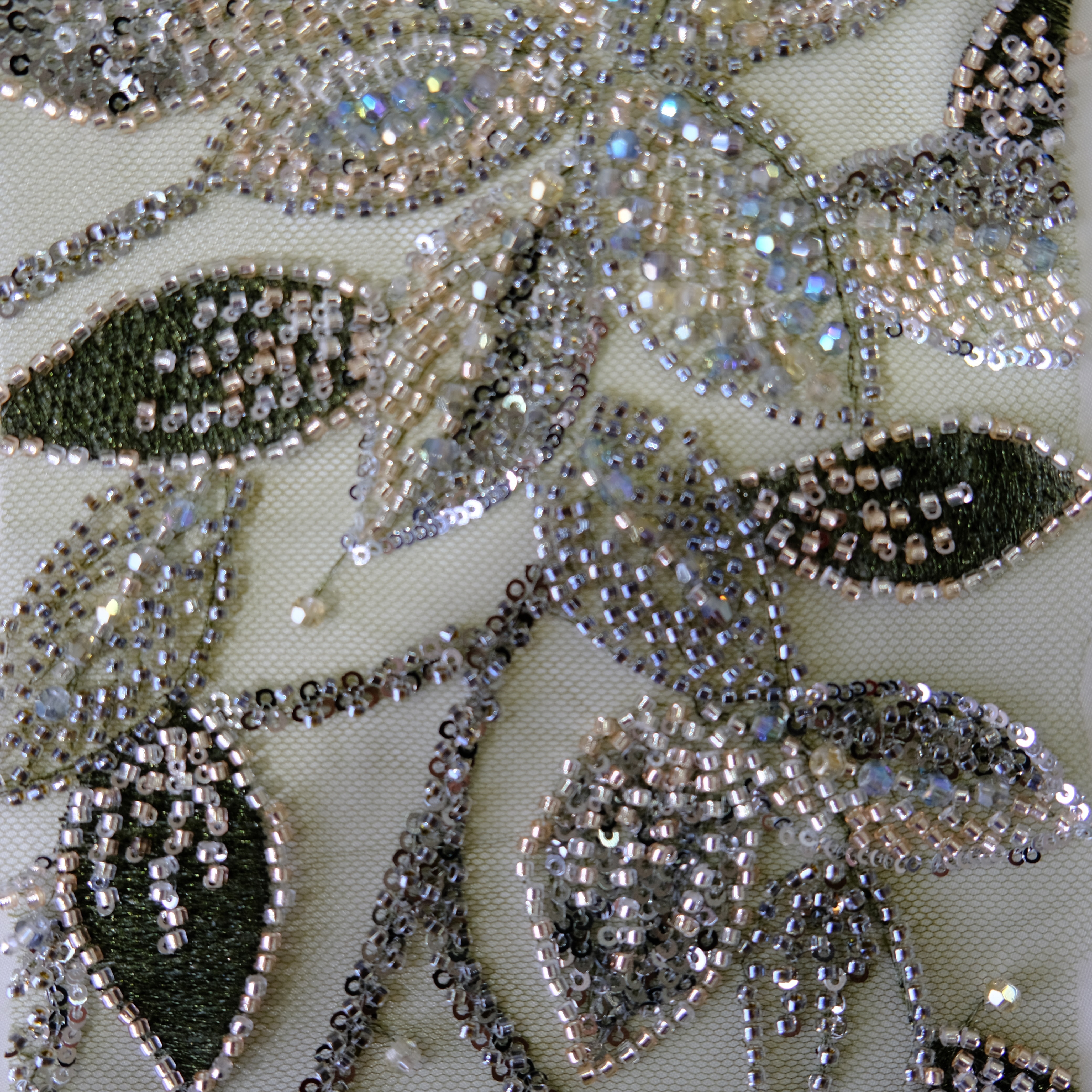 Floral Vine Beaded Embroidery Fabric in Green color