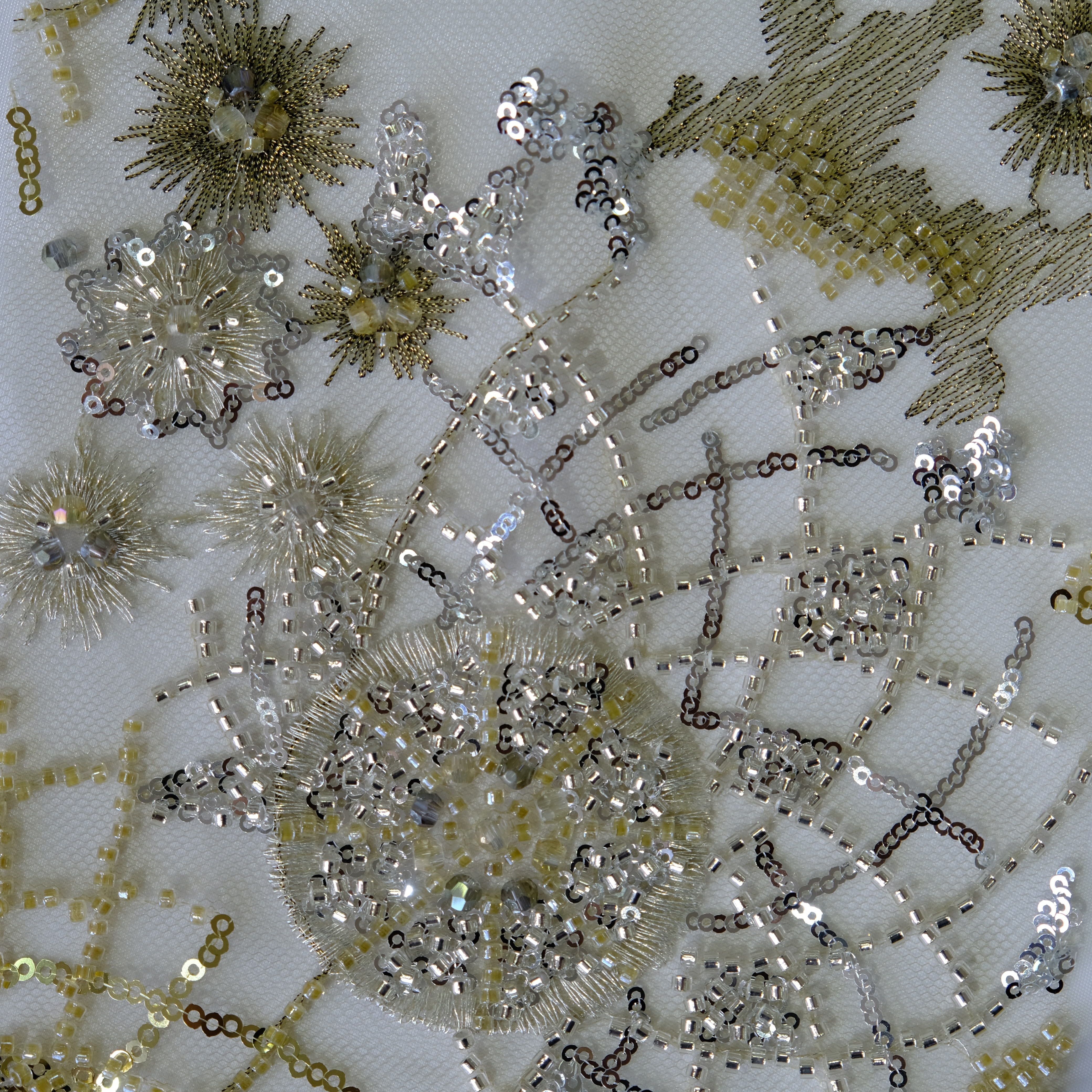 Spiderweb Floral Beaded Embroidery Fabric in Green color