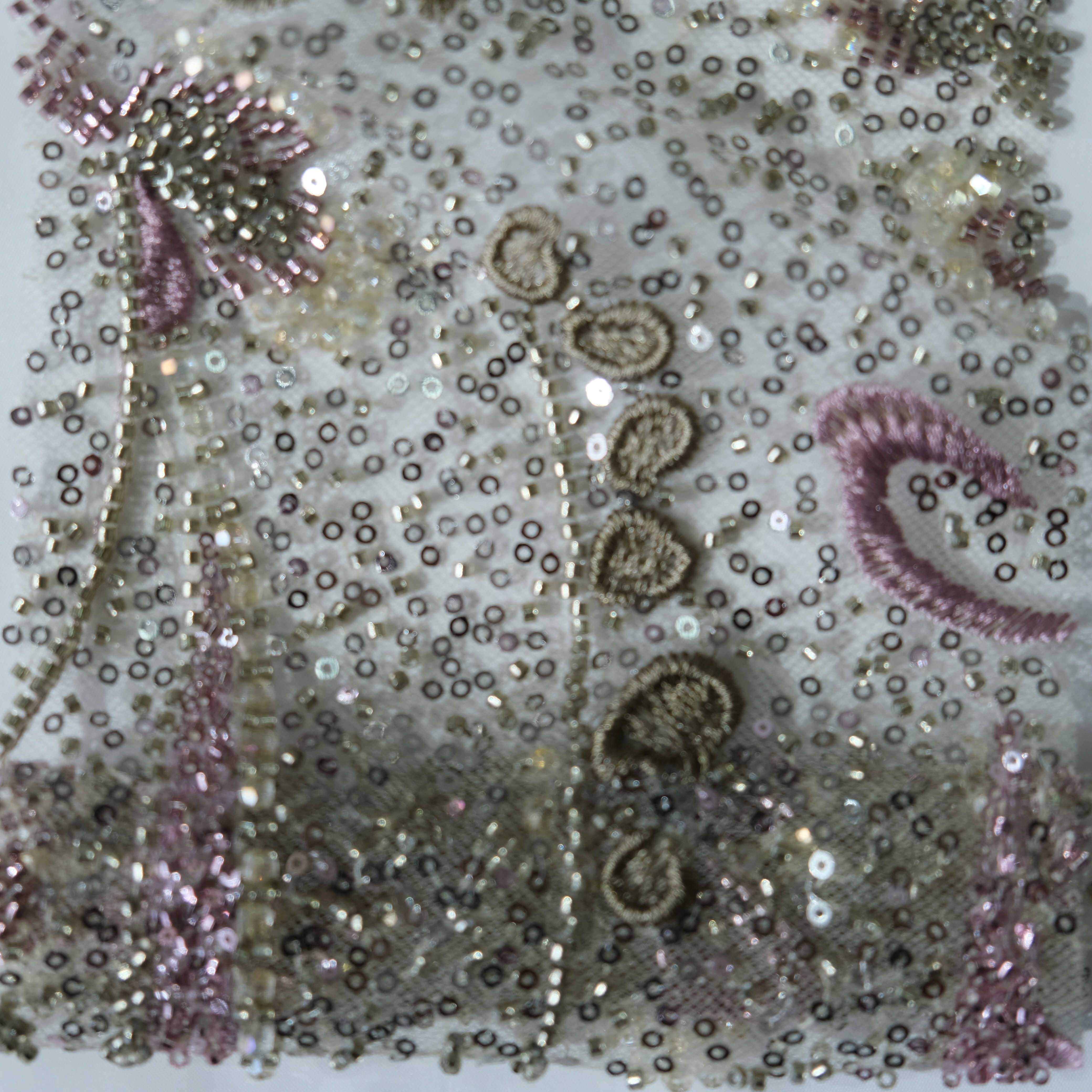 Paisley Beaded Sequin Embroidery Fabric in Khaki color